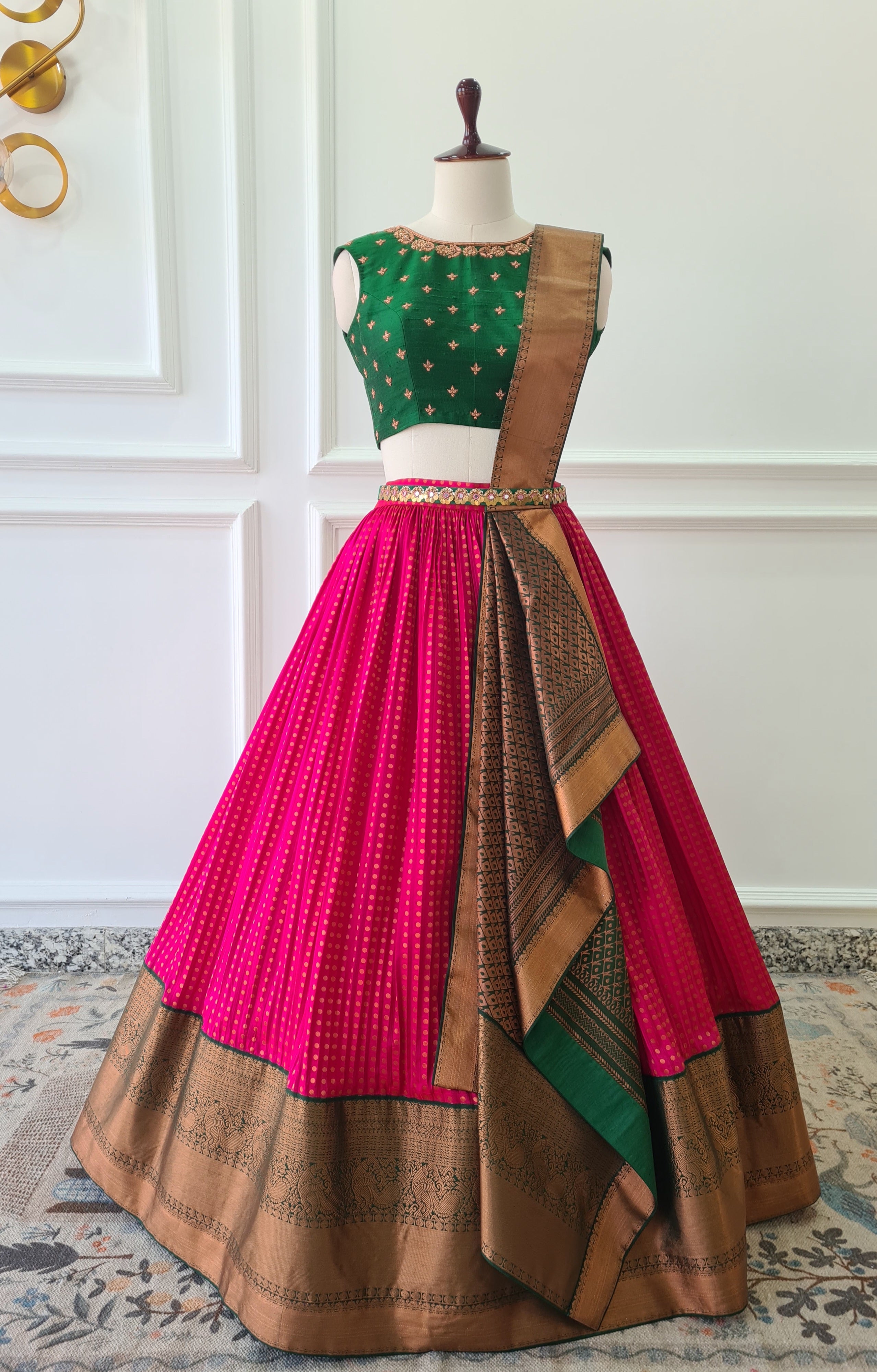 Sale1036 - Green & Pink Pre-Draped Lehanga Set
