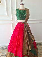 Load image into Gallery viewer, Fuchsia Pink &amp; Green Pre-Draped Lehanga Set
