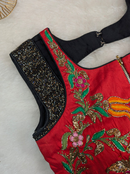 Red Multicolor Embroidered Sleeveless Blouse