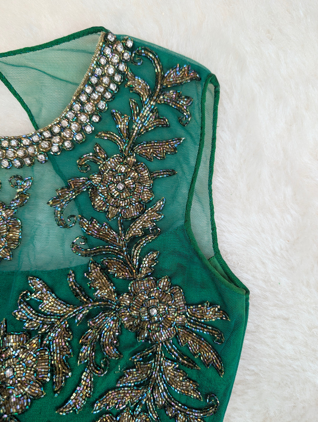 Emerald Green Sleeveless Net-Yoke Embroidered Blouse