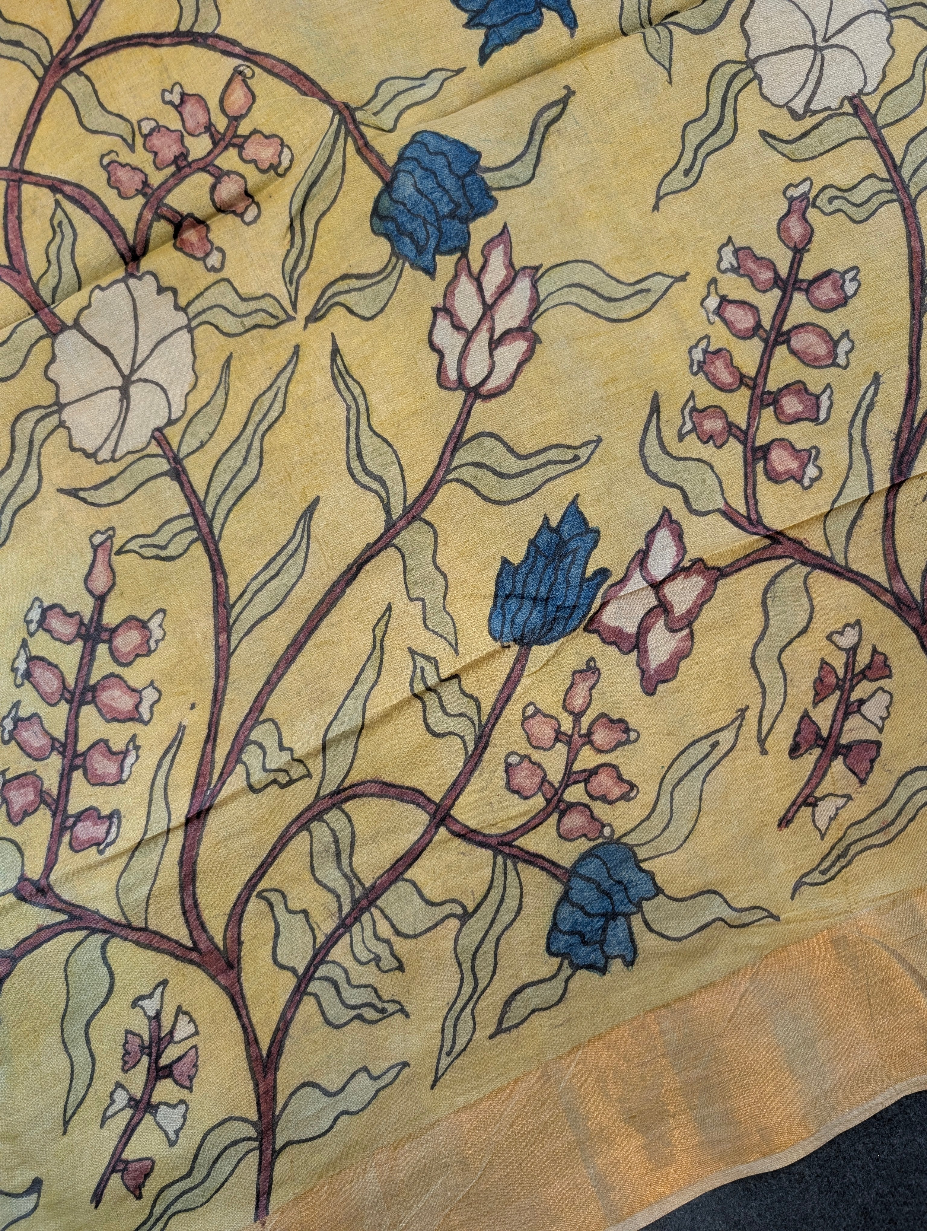 Pure Tussar Silk X Pen Kalamkari - Golden Mustard