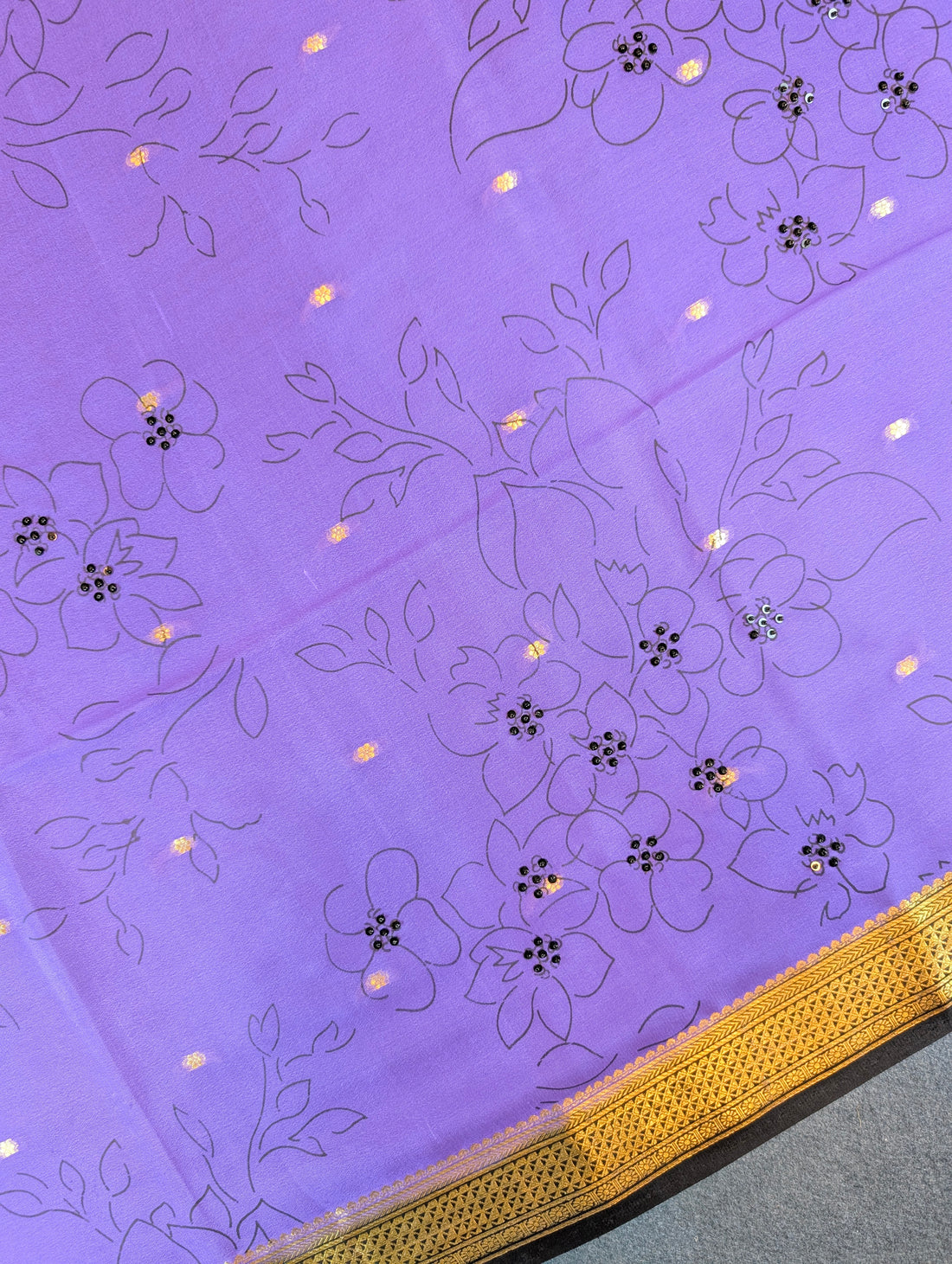 Pure Mysore Silk Crepe - Graceful Purple Floral Saree