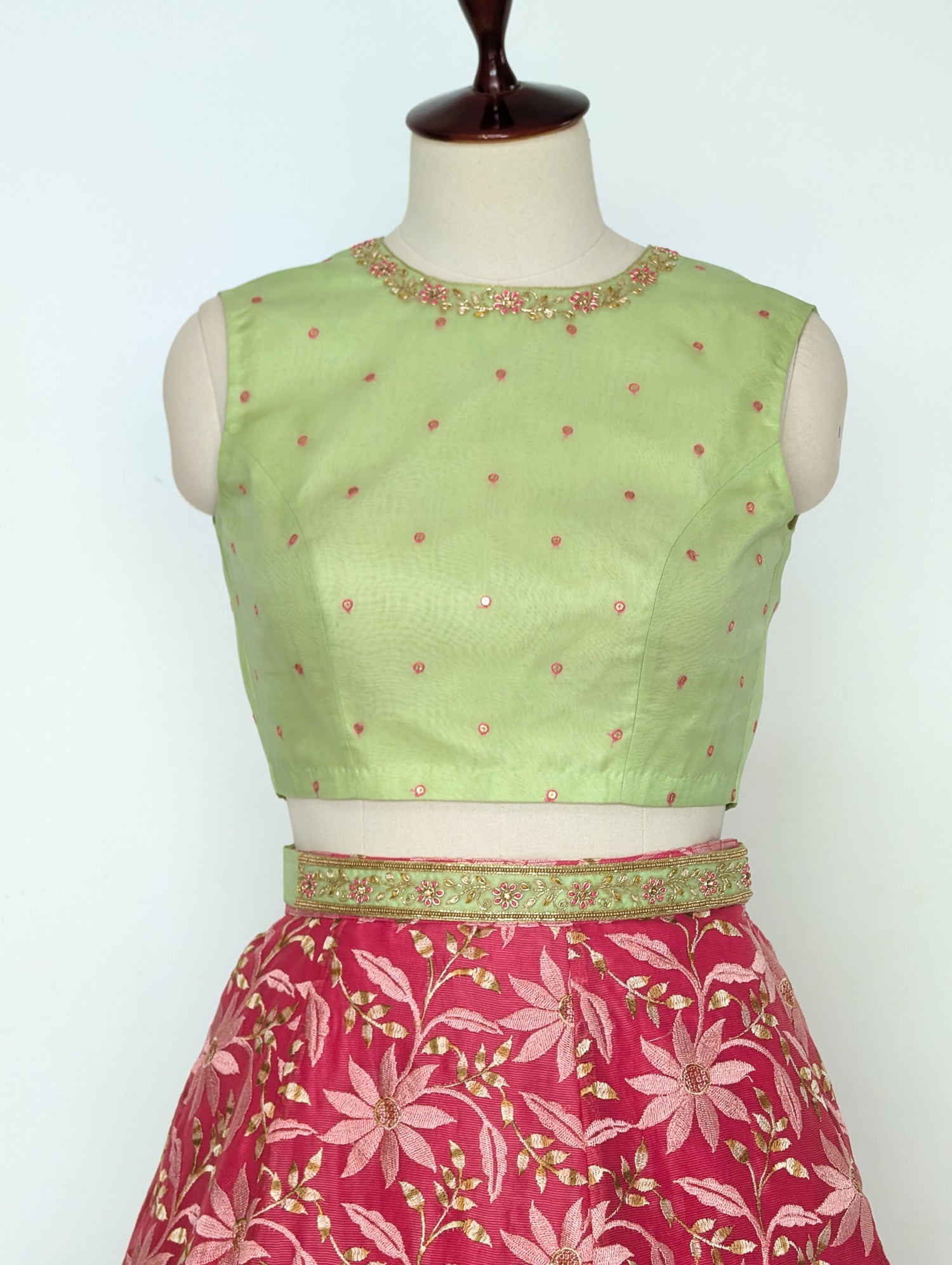 Pink Floral Skirt w/t Pastel Green Blouse