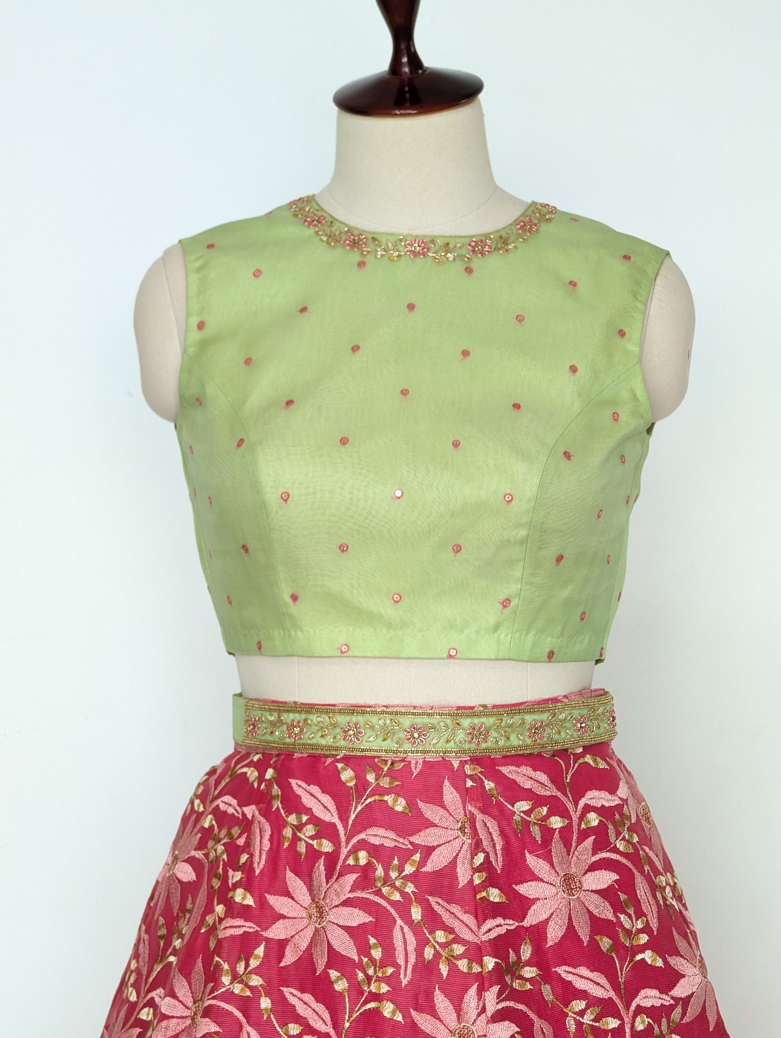 Pink Floral Skirt w/t Pastel Green Blouse