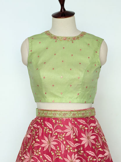 Pink Floral Skirt w/t Pastel Green Blouse