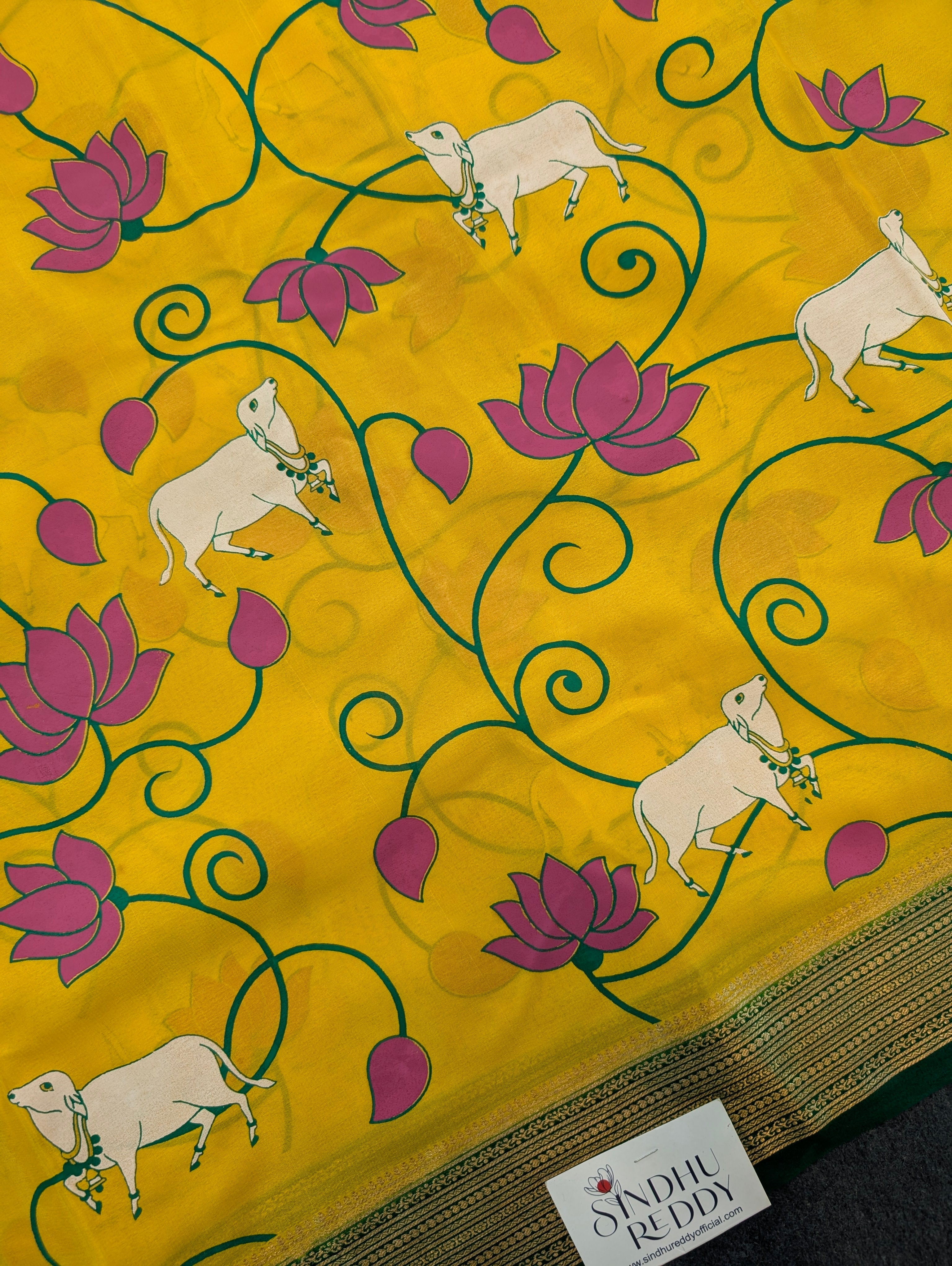Pure Mysore Silk Crepe - Lemon Yellow with Bottle Green