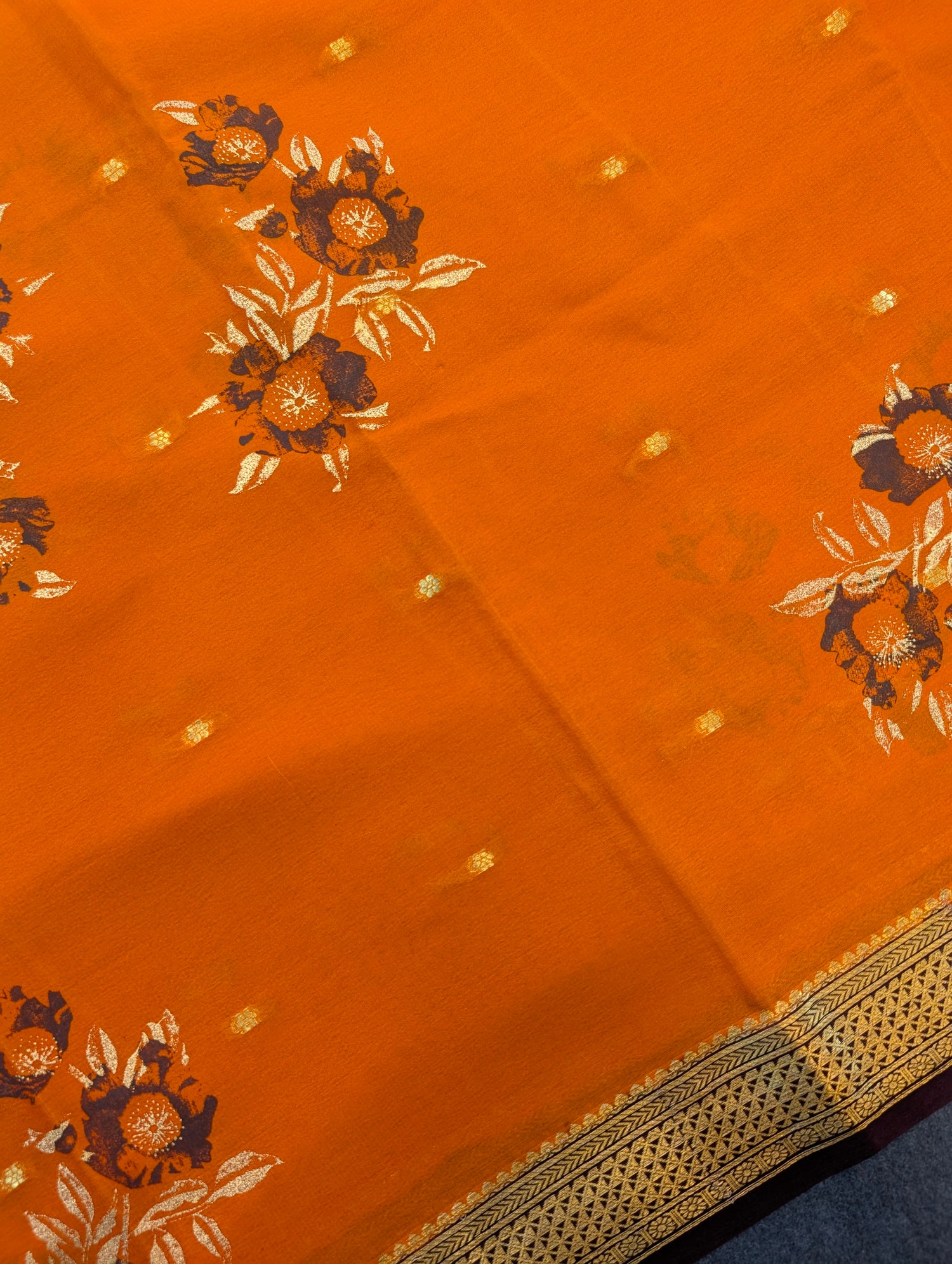 Pure Mysore Silk Crepe - Burnt Orange with Brown