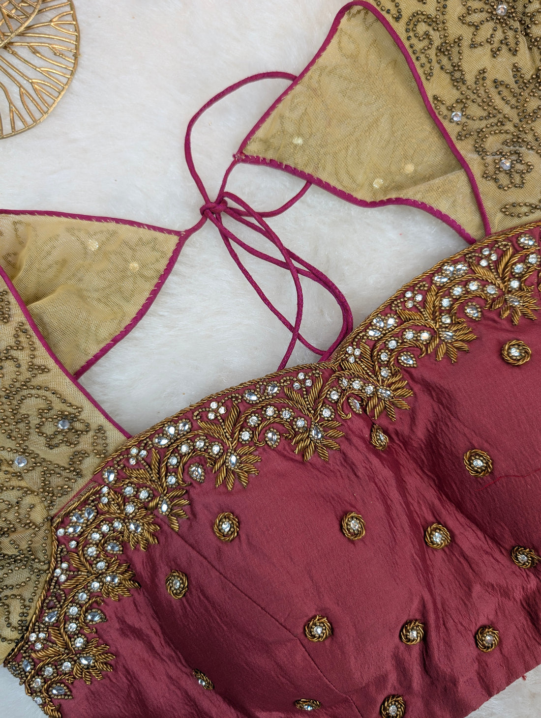 Maroon Silk Blouse with Net Sleeves and Embellished Detailing