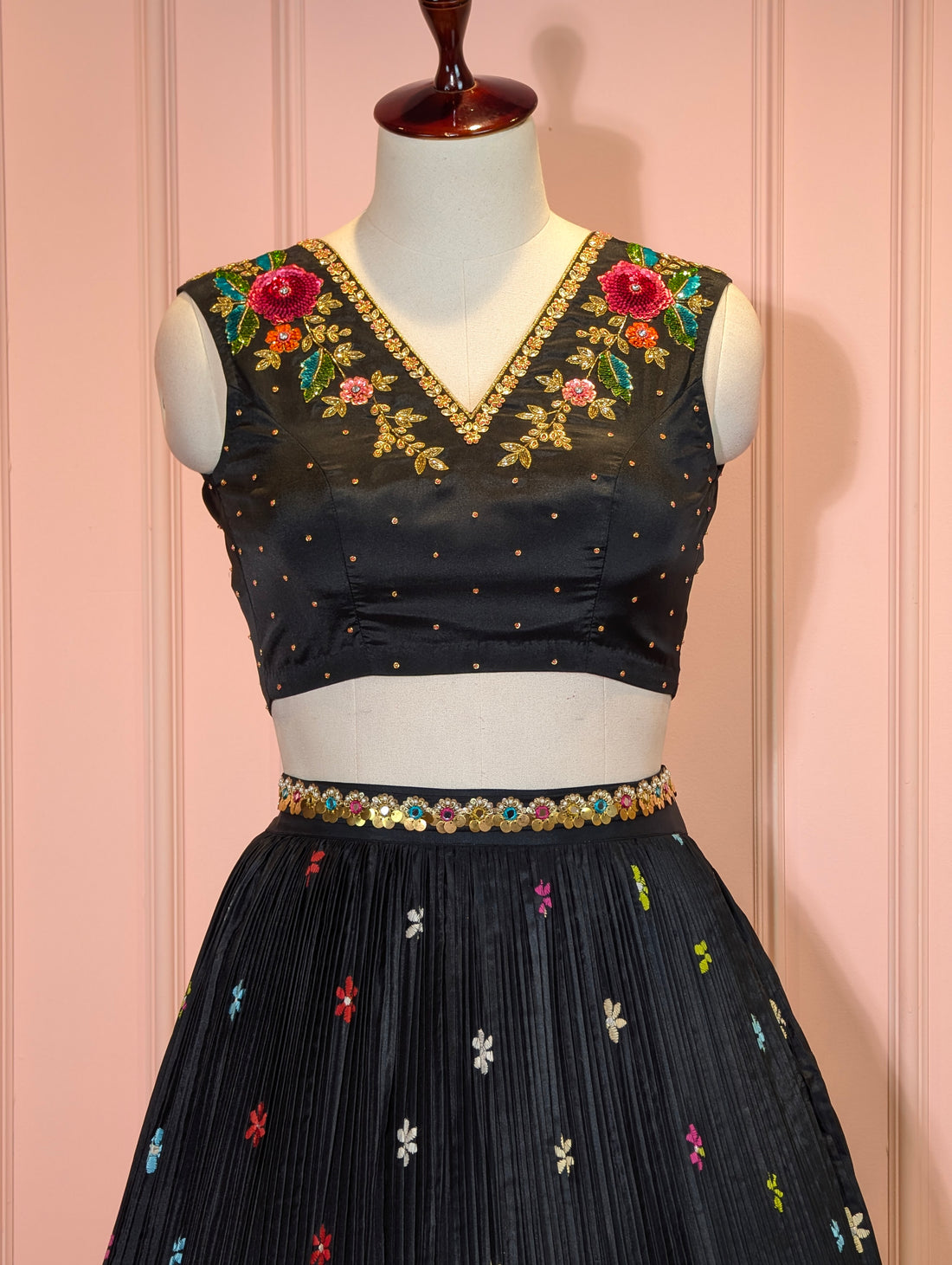 Black Kantha Embroidered Crop Top Skirt