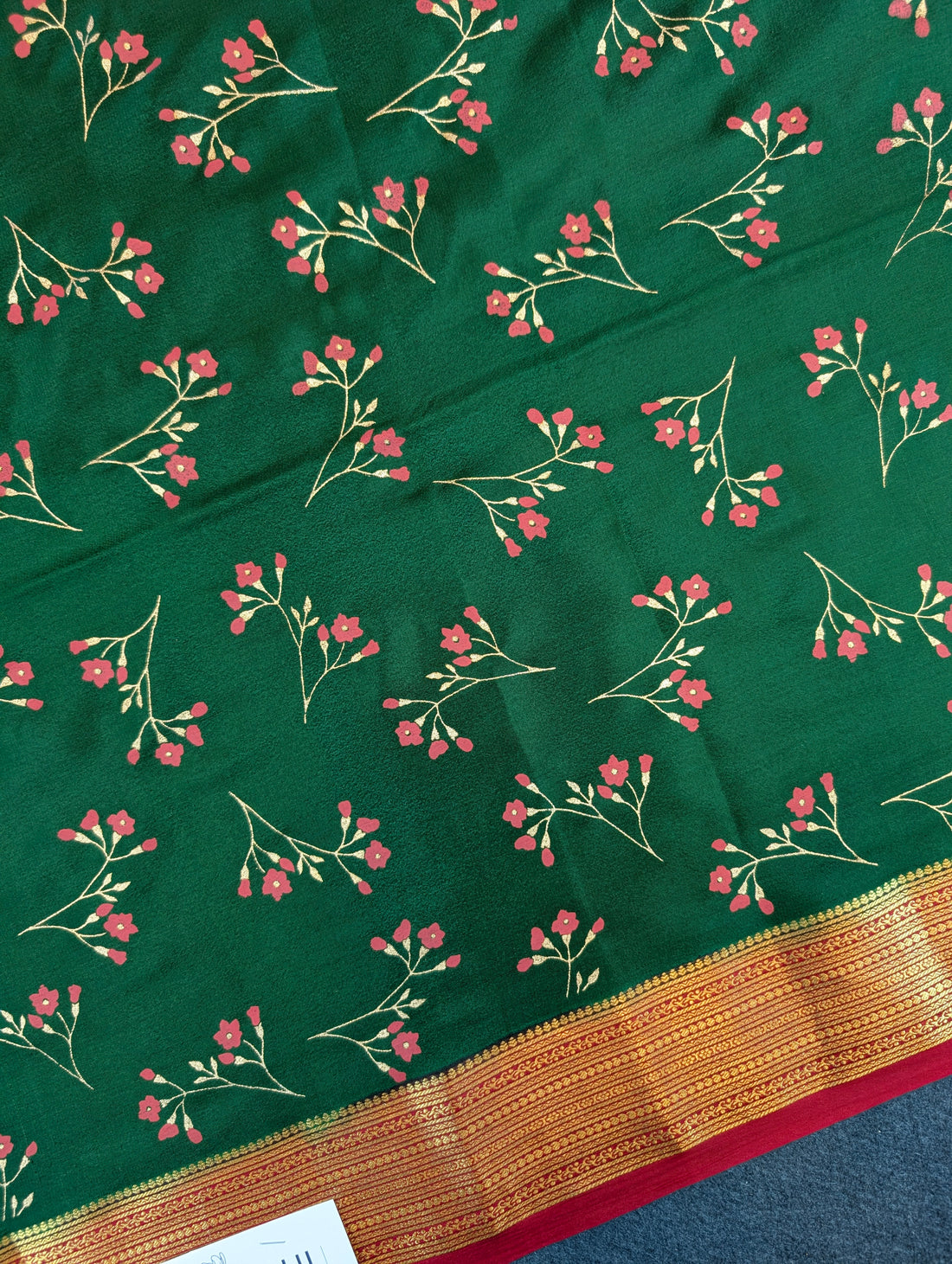 Pure Mysore Silk Crepe - Green with Red