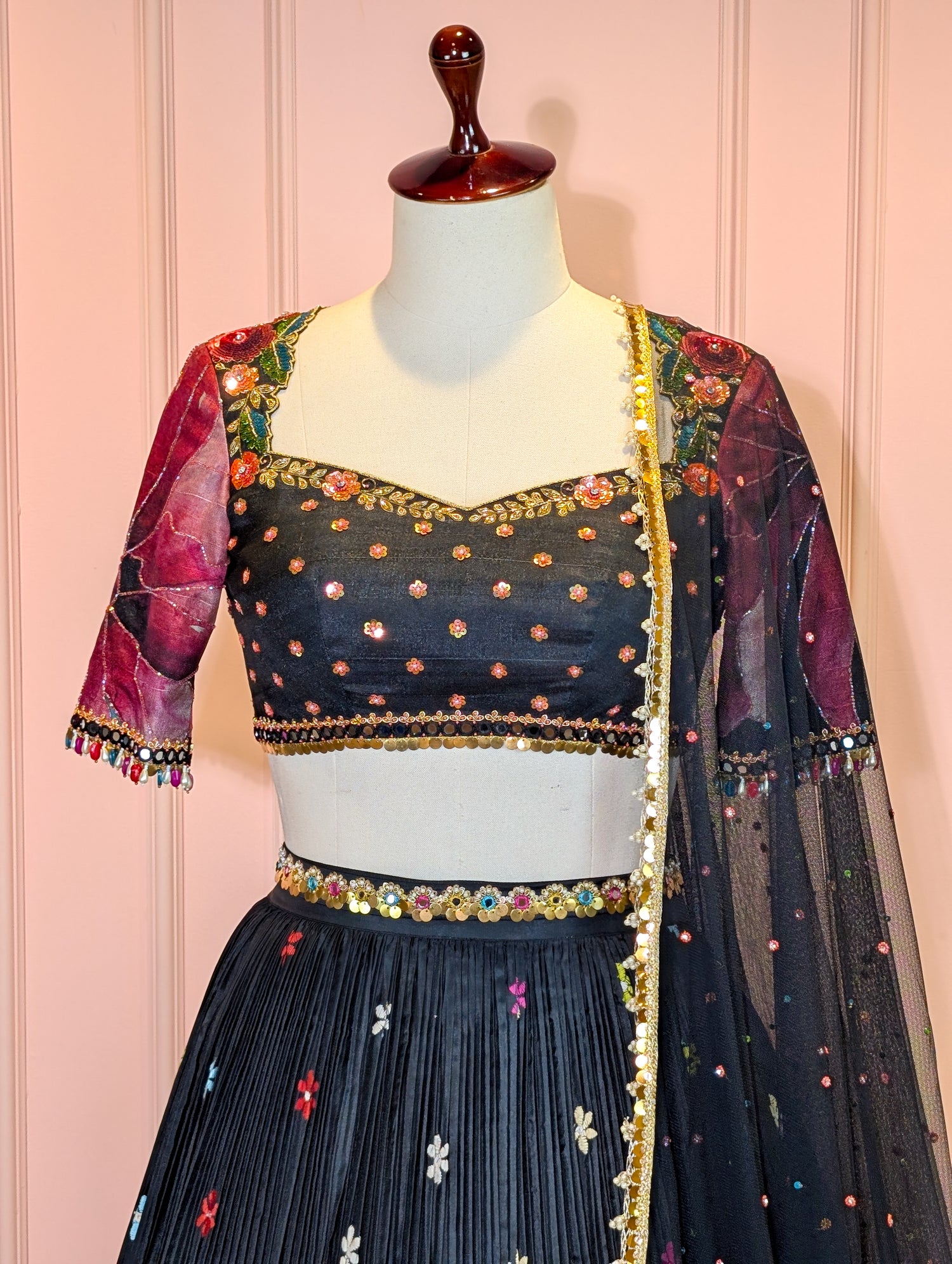 Black Kantha Embroidered Lehenga Set