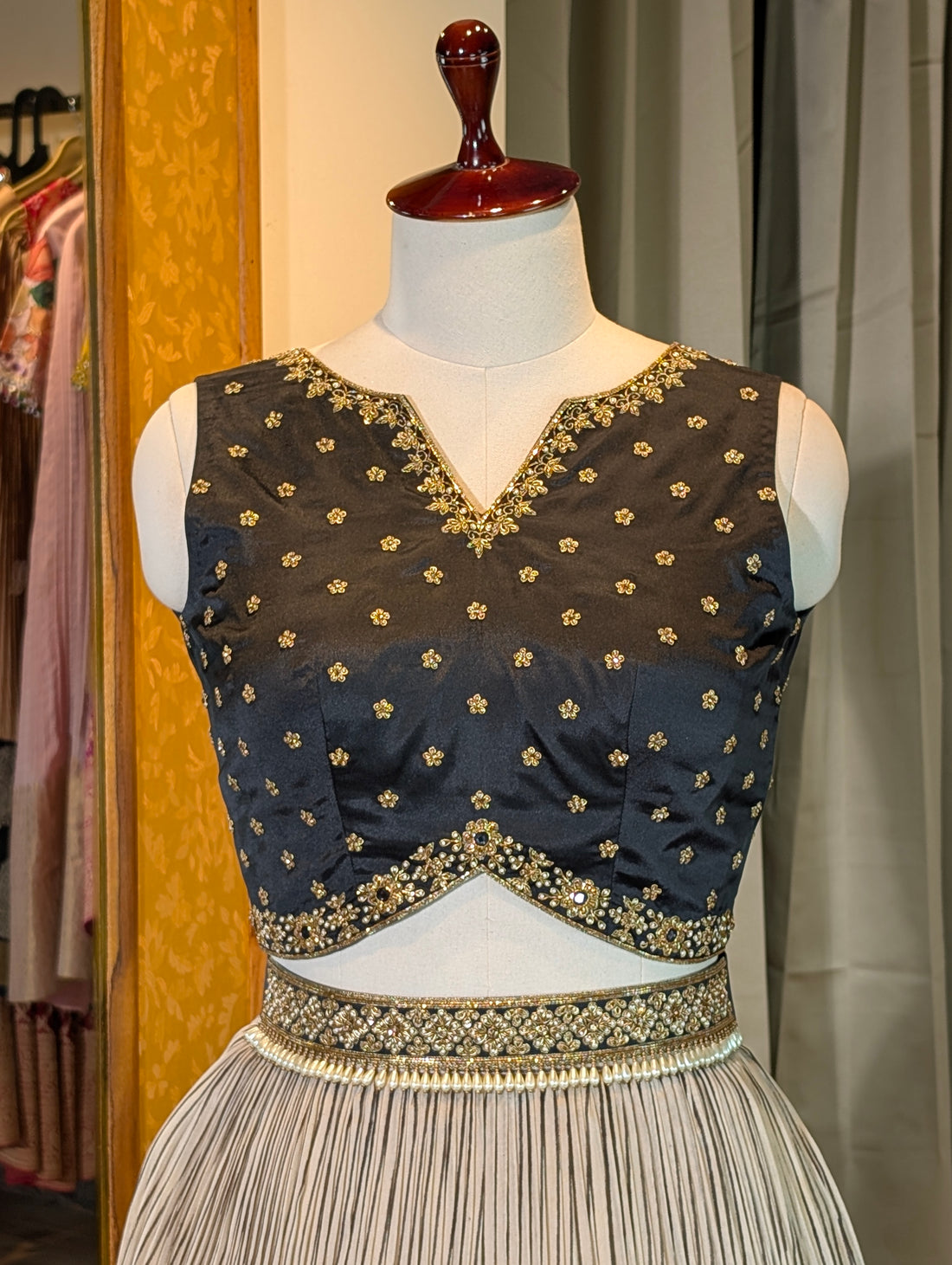 Beige Skirt with Black Leaf Motif Border