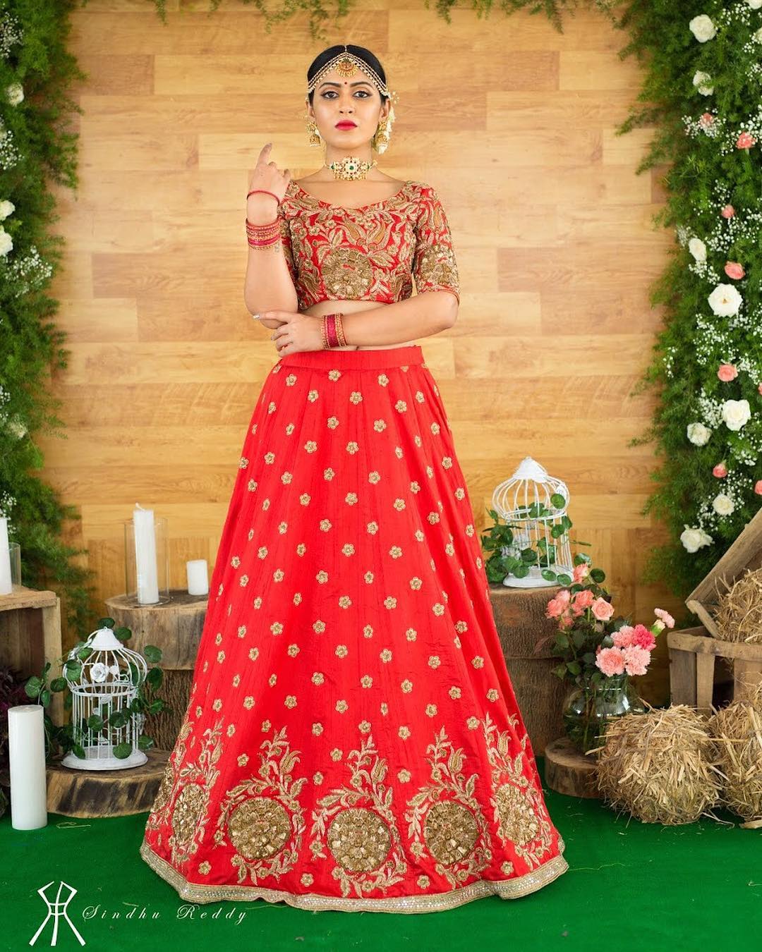 Classic Red Silk Lehenga with Antique Gold Embroidery - only skirt