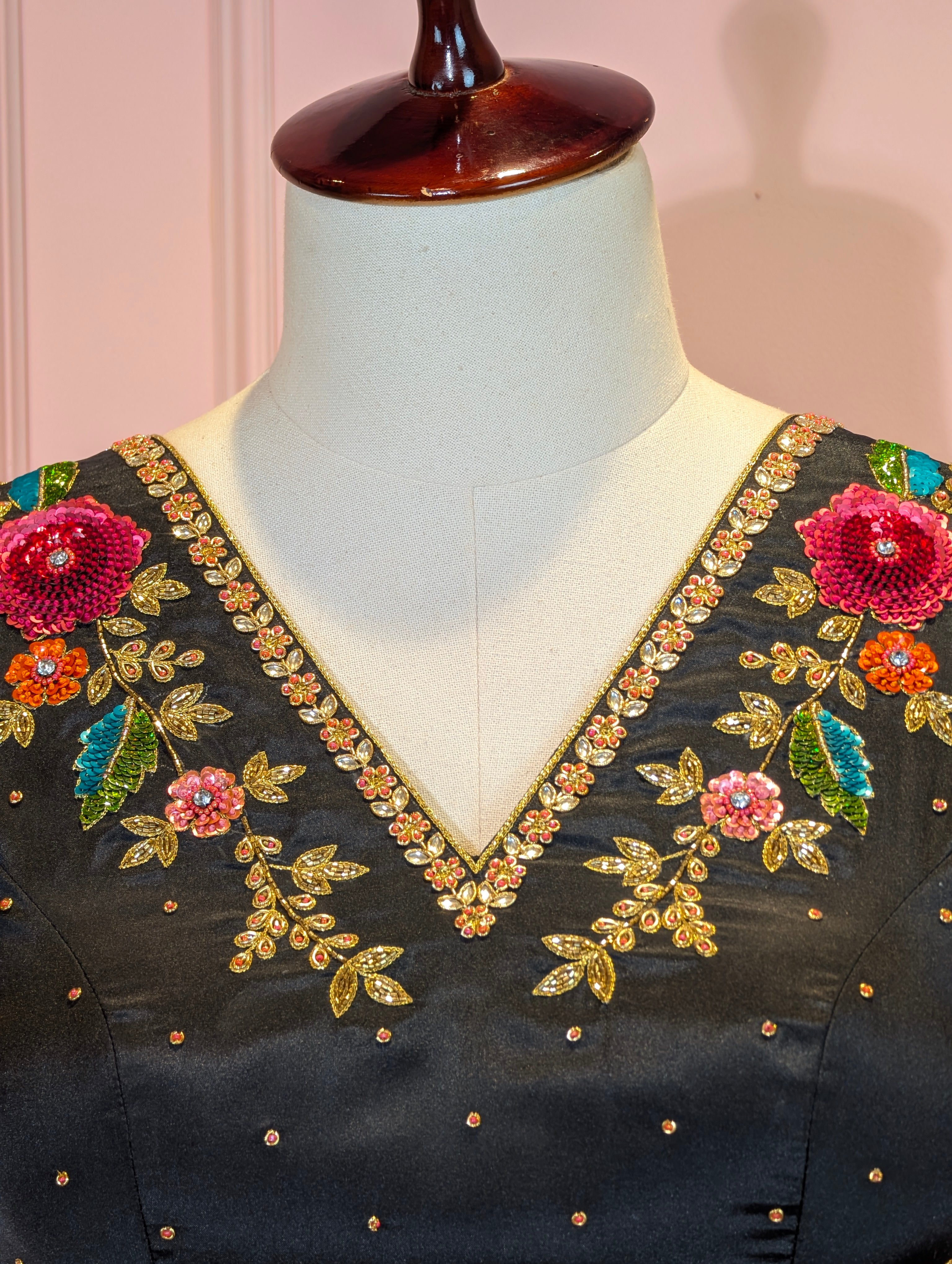 Black Kantha Embroidered Crop Top Skirt