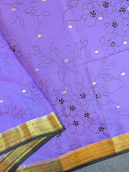 Pure Mysore Silk Crepe - Graceful Purple Floral Saree