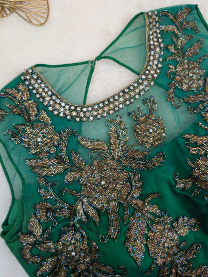 Emerald Green Sleeveless Net-Yoke Embroidered Blouse
