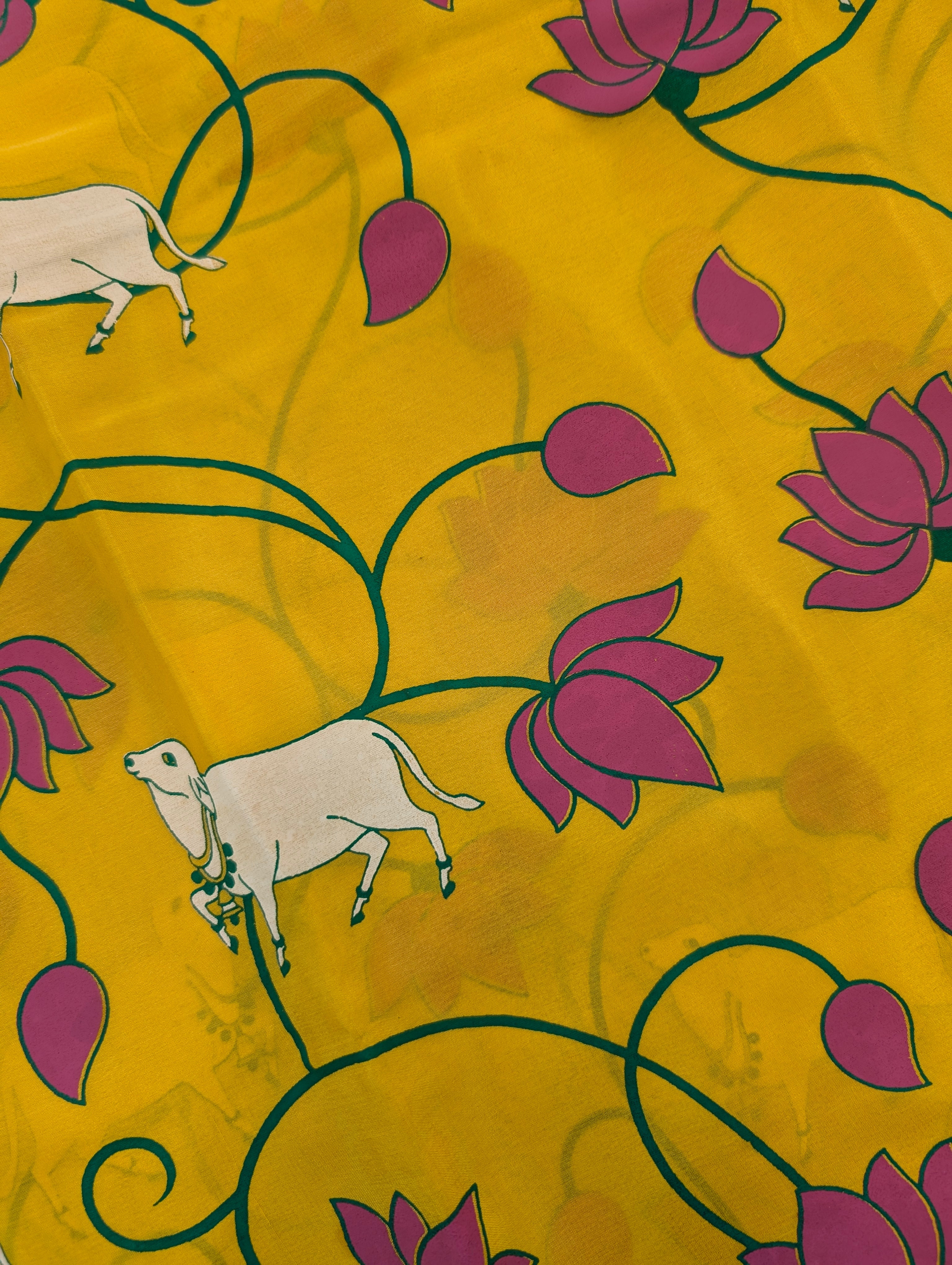 Pure Mysore Silk Crepe - Lemon Yellow with Bottle Green