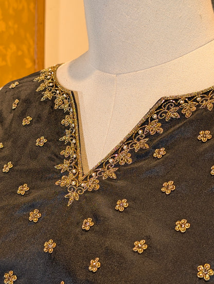 Beige Skirt with Black Leaf Motif Border