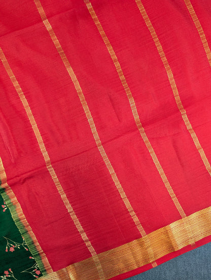 Pure Mysore Silk Crepe - Green with Red