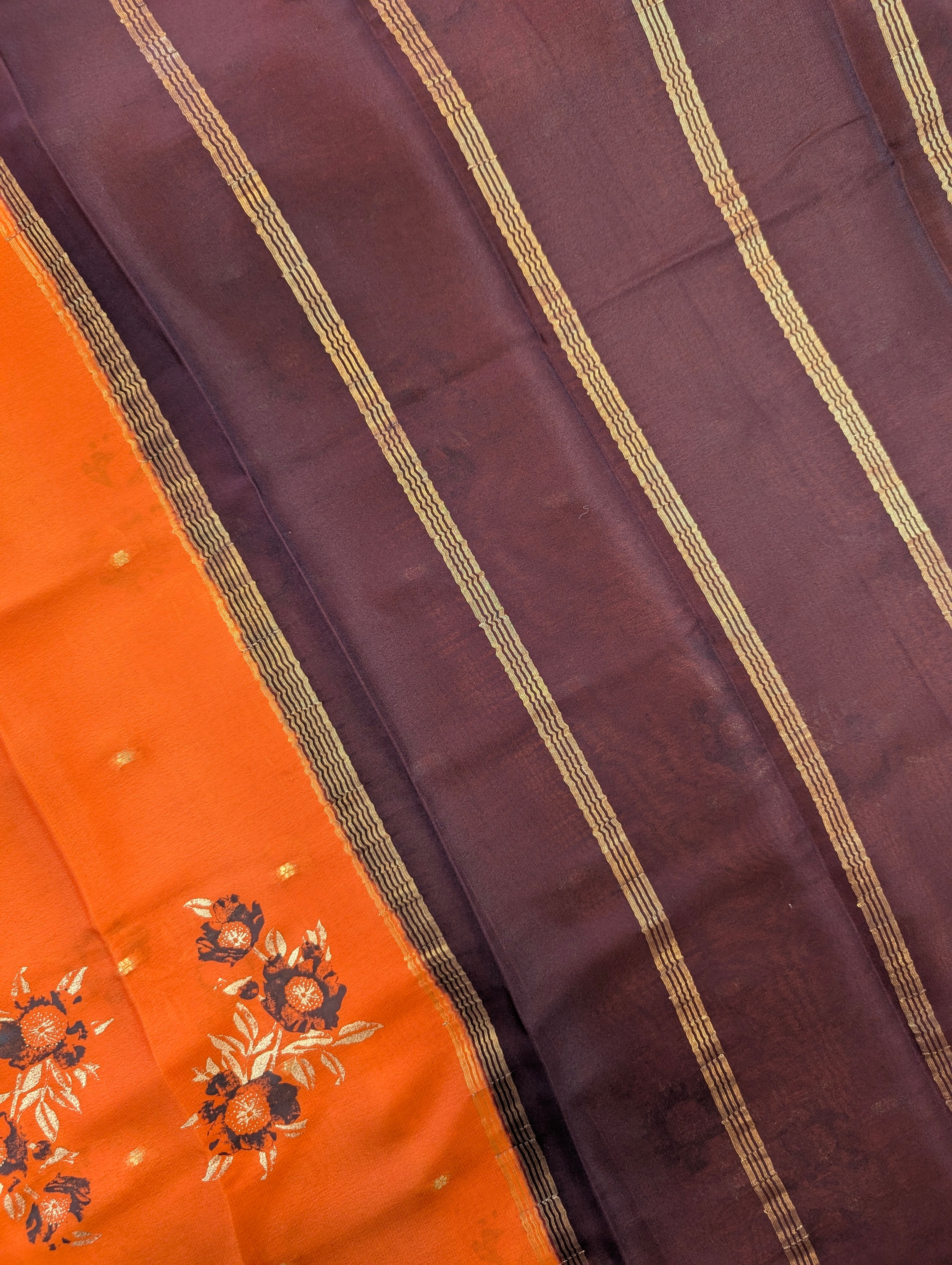Pure Mysore Silk Crepe - Burnt Orange with Brown
