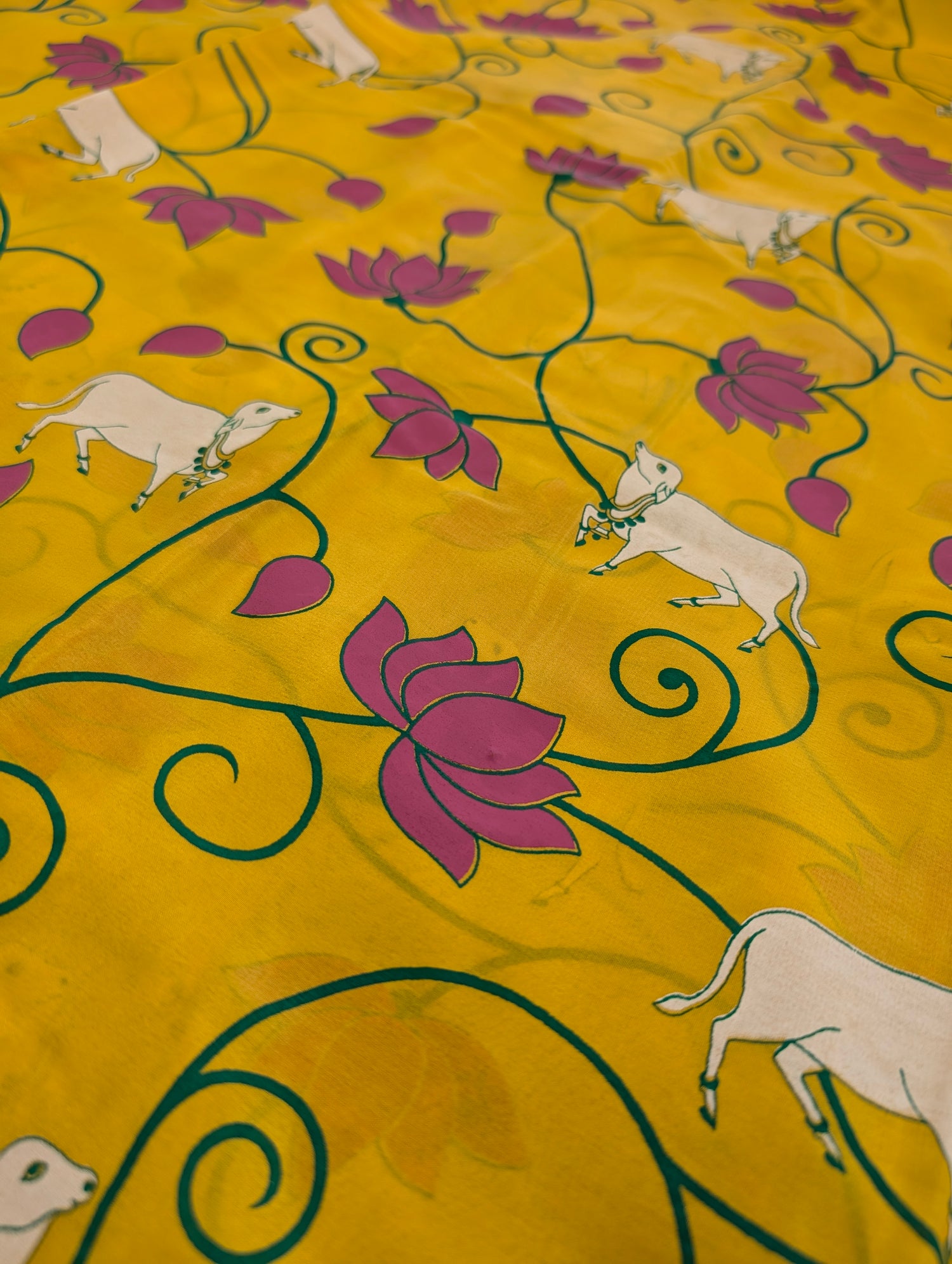 Pure Mysore Silk Crepe - Lemon Yellow with Bottle Green