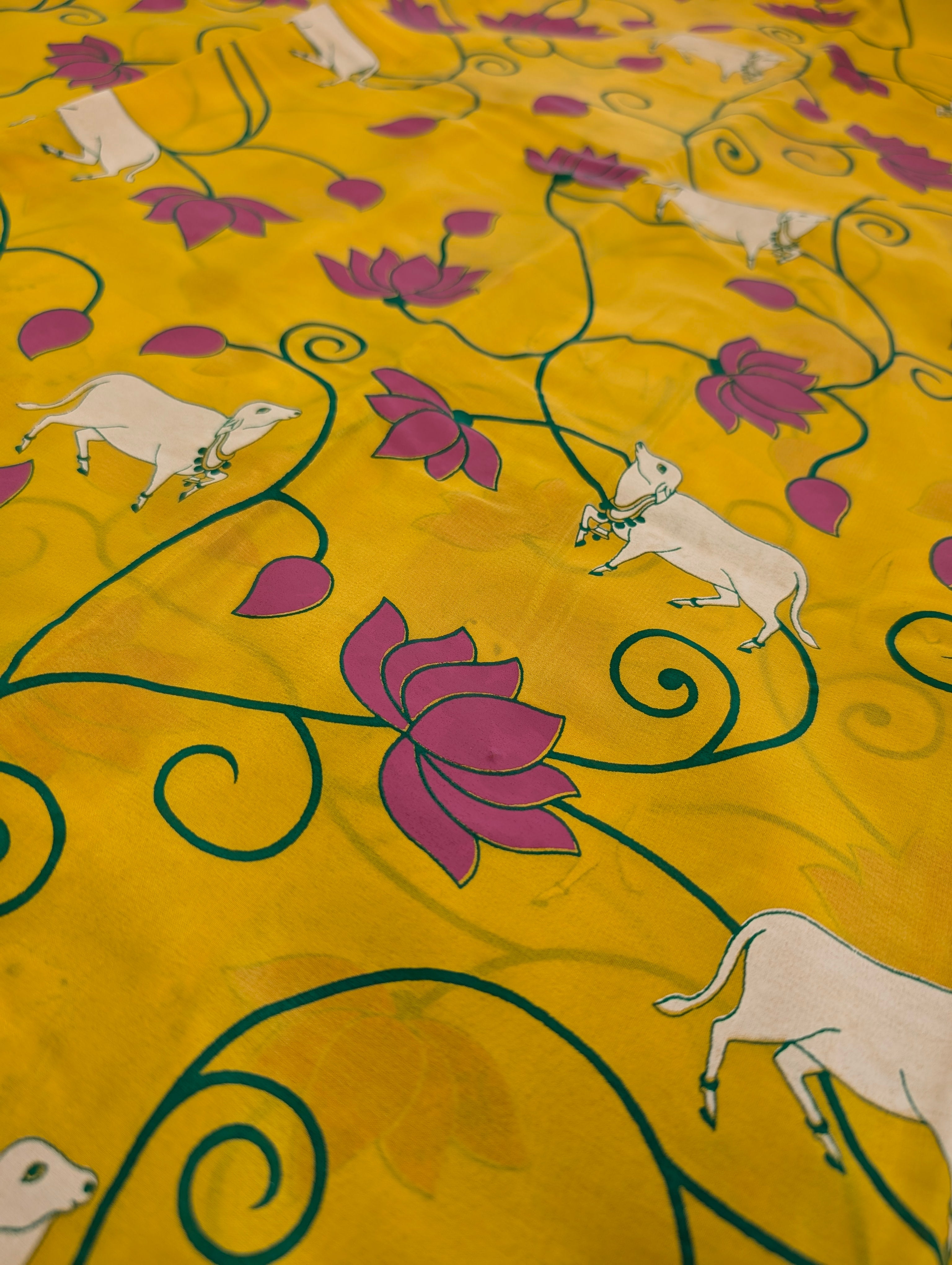 Pure Mysore Silk Crepe - Lemon Yellow with Bottle Green