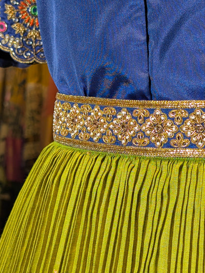 Regal Blue &amp; Lime Green Silk Lehenga