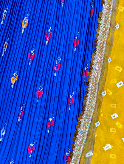 Yellow Bandhani Blouse &amp; Kantha Embroidered Lehenga Set