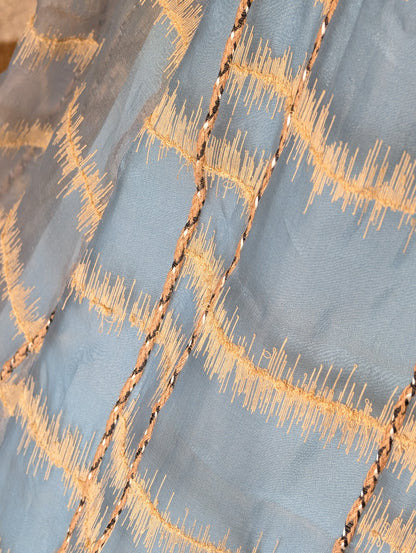 Powder Blue Skirt w/t Gold pattern blouse