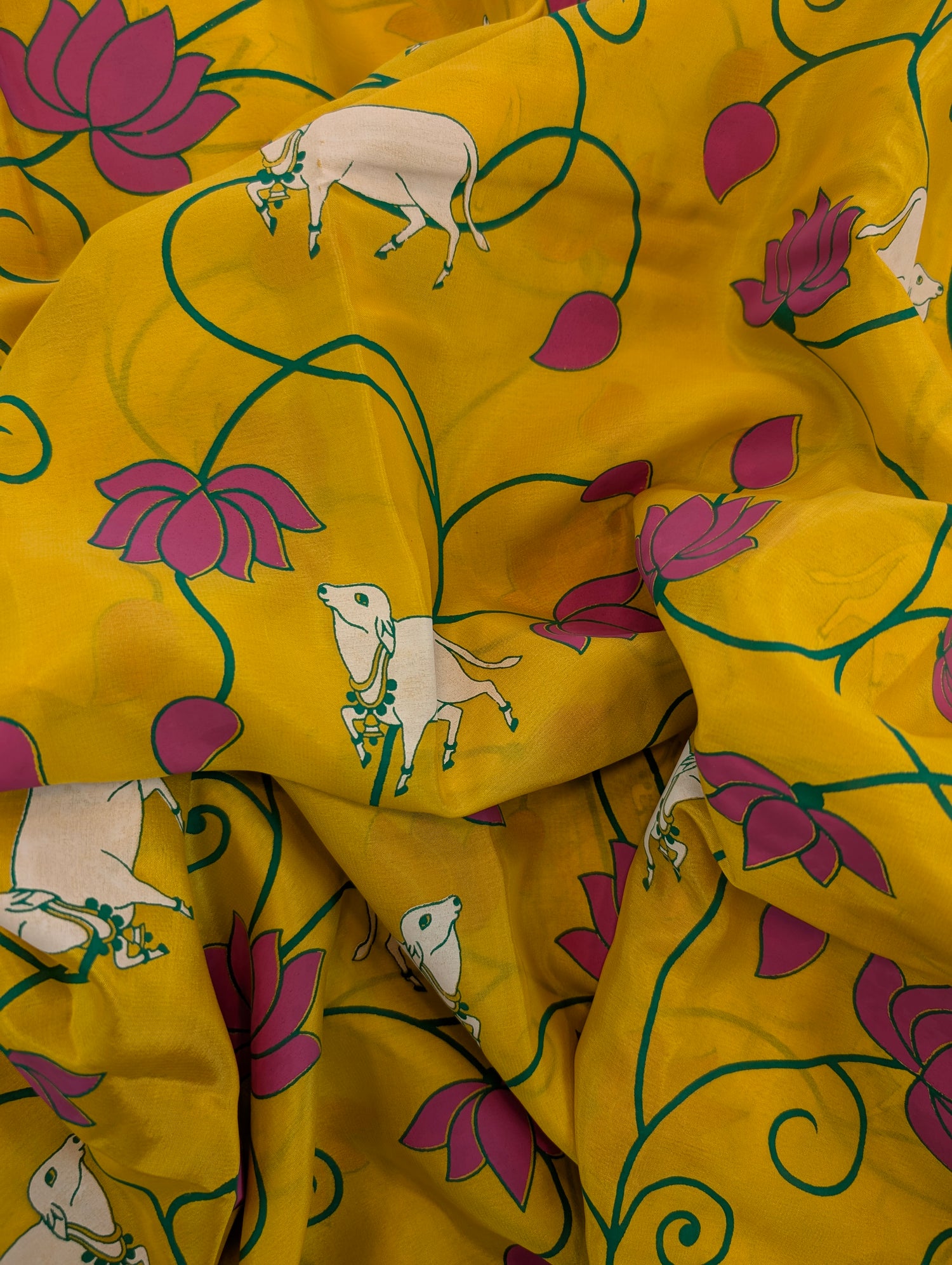 Pure Mysore Silk Crepe - Lemon Yellow with Bottle Green