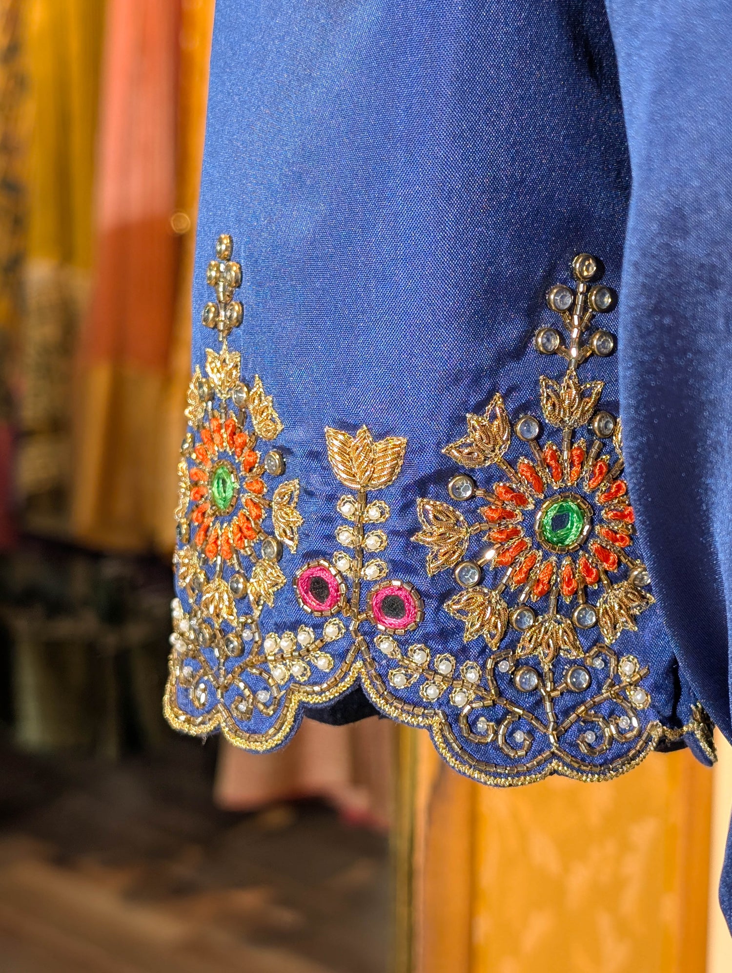 Regal Blue &amp; Lime Green Silk Lehenga