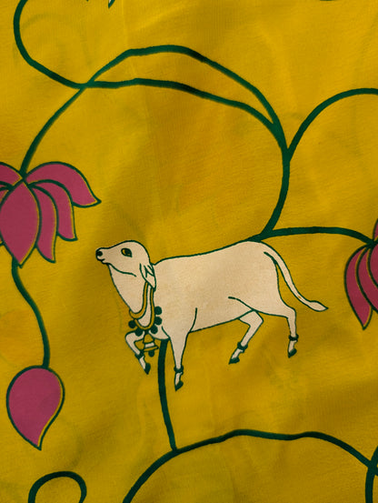 Pure Mysore Silk Crepe - Lemon Yellow with Bottle Green