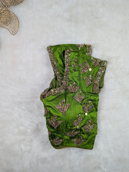 Green Silk Blouse with Zardozi Embroidery