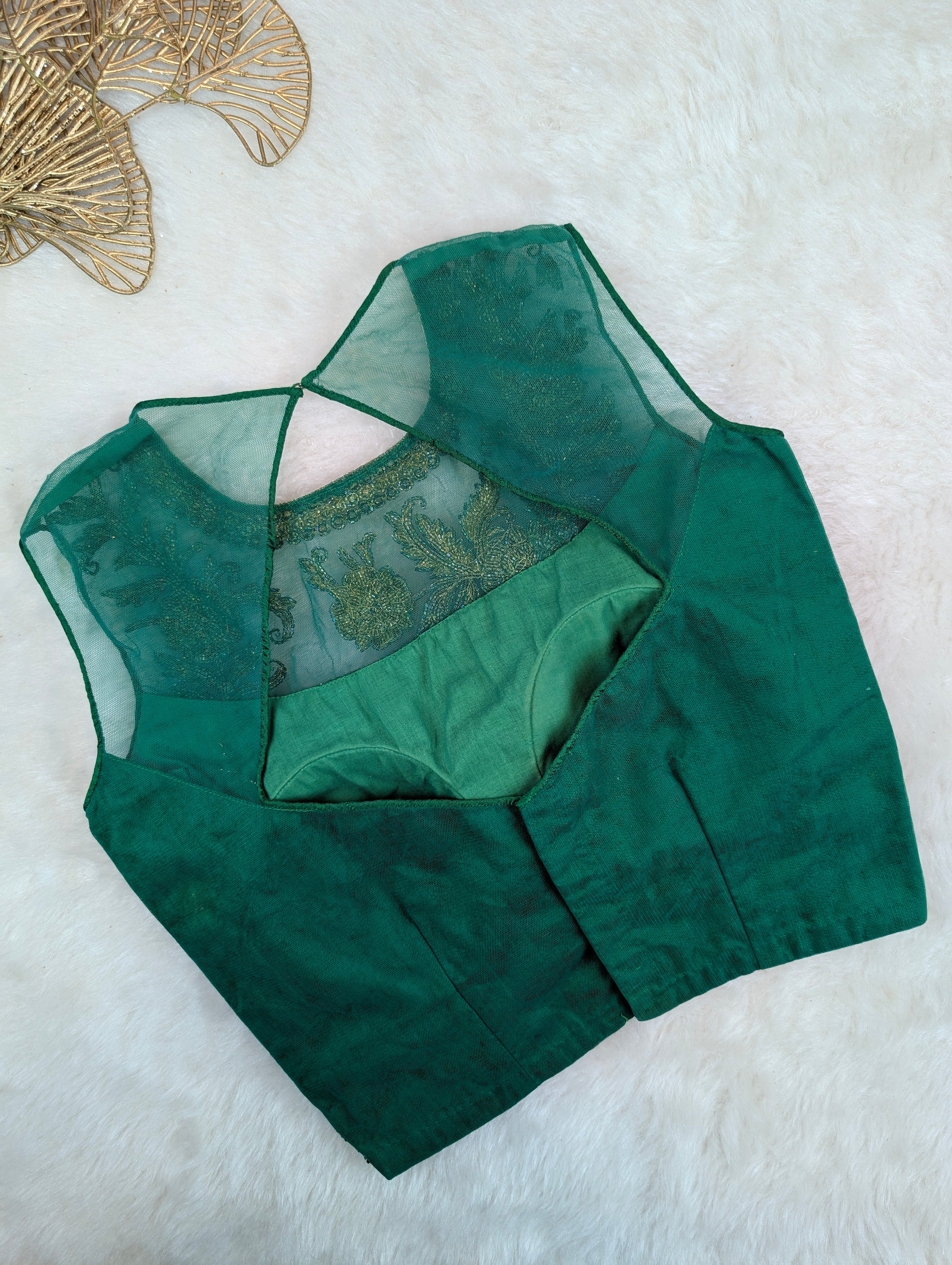 Emerald Green Sleeveless Net-Yoke Embroidered Blouse