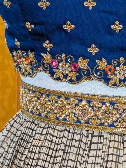 Beige Checked Lehanga Set with Blue Floral Motif Border