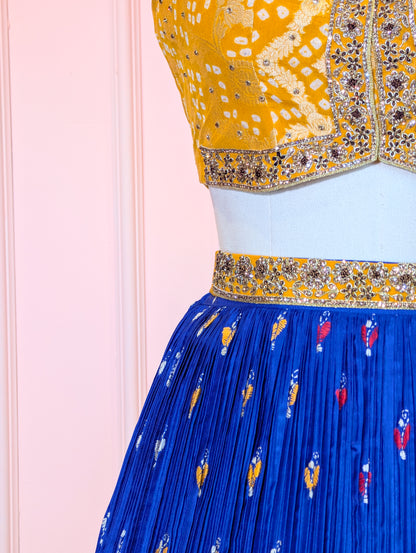 Yellow Bandhani Blouse &amp; Kantha Embroidered Lehenga Set