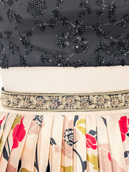 Chic Black Floral Pleated Lehenga
