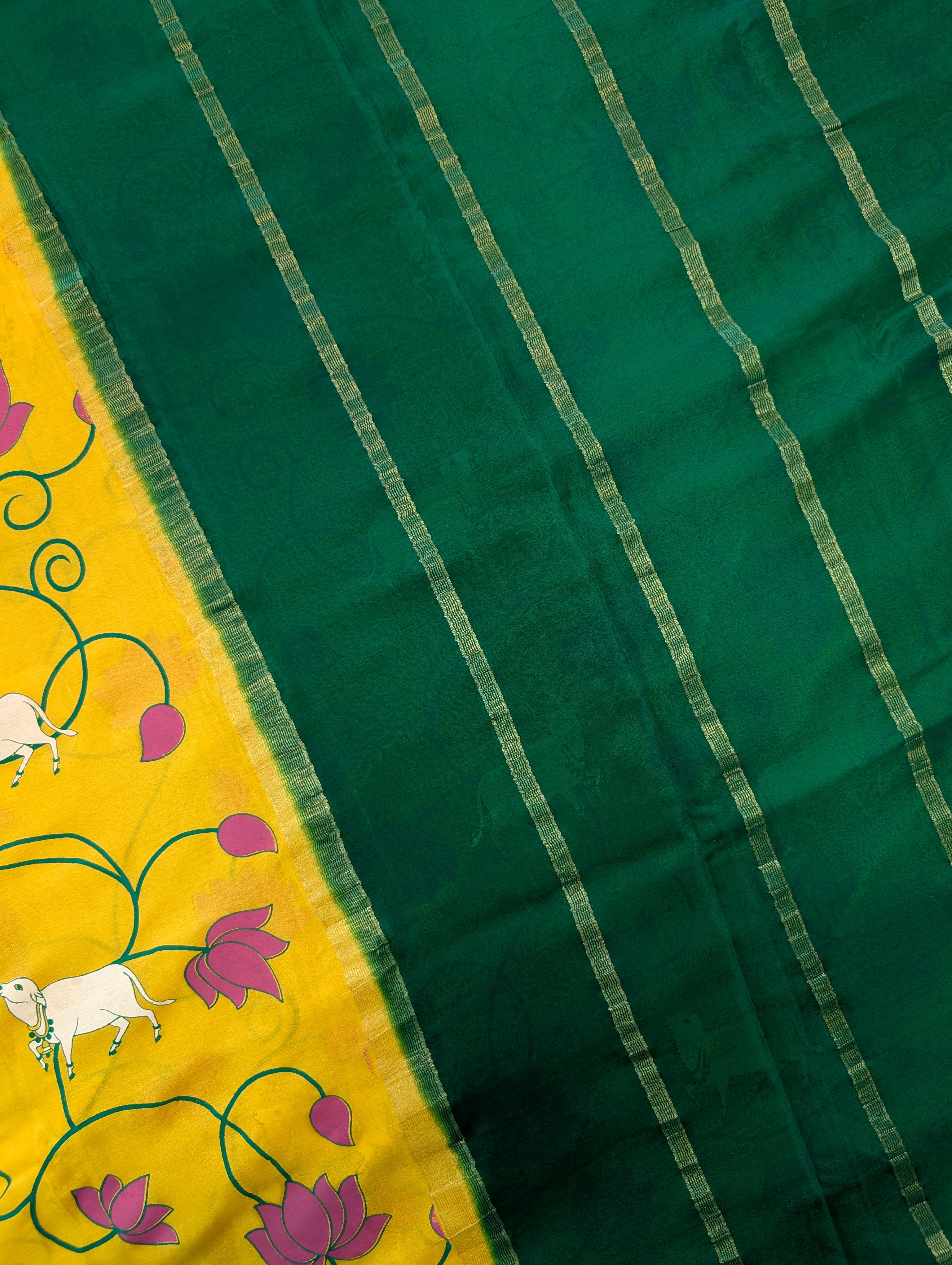 Pure Mysore Silk Crepe - Lemon Yellow with Bottle Green