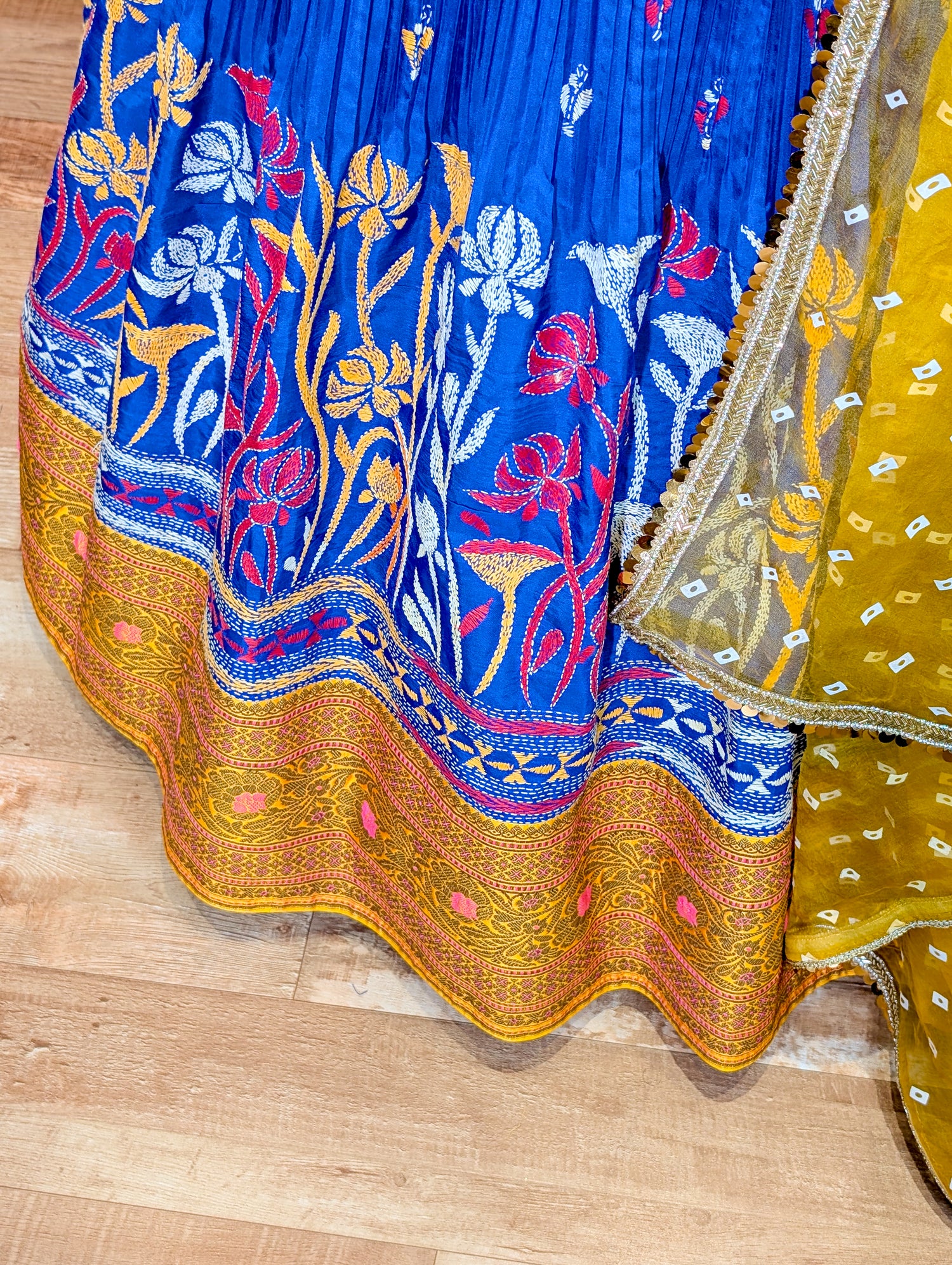 Yellow Bandhani Blouse &amp; Kantha Embroidered Lehenga Set