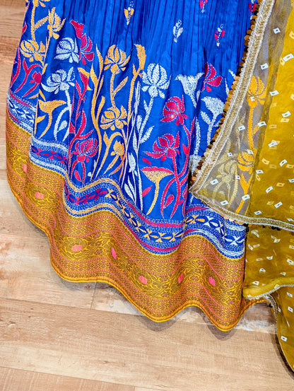 Yellow Bandhani Blouse &amp; Kantha Embroidered Lehenga Set
