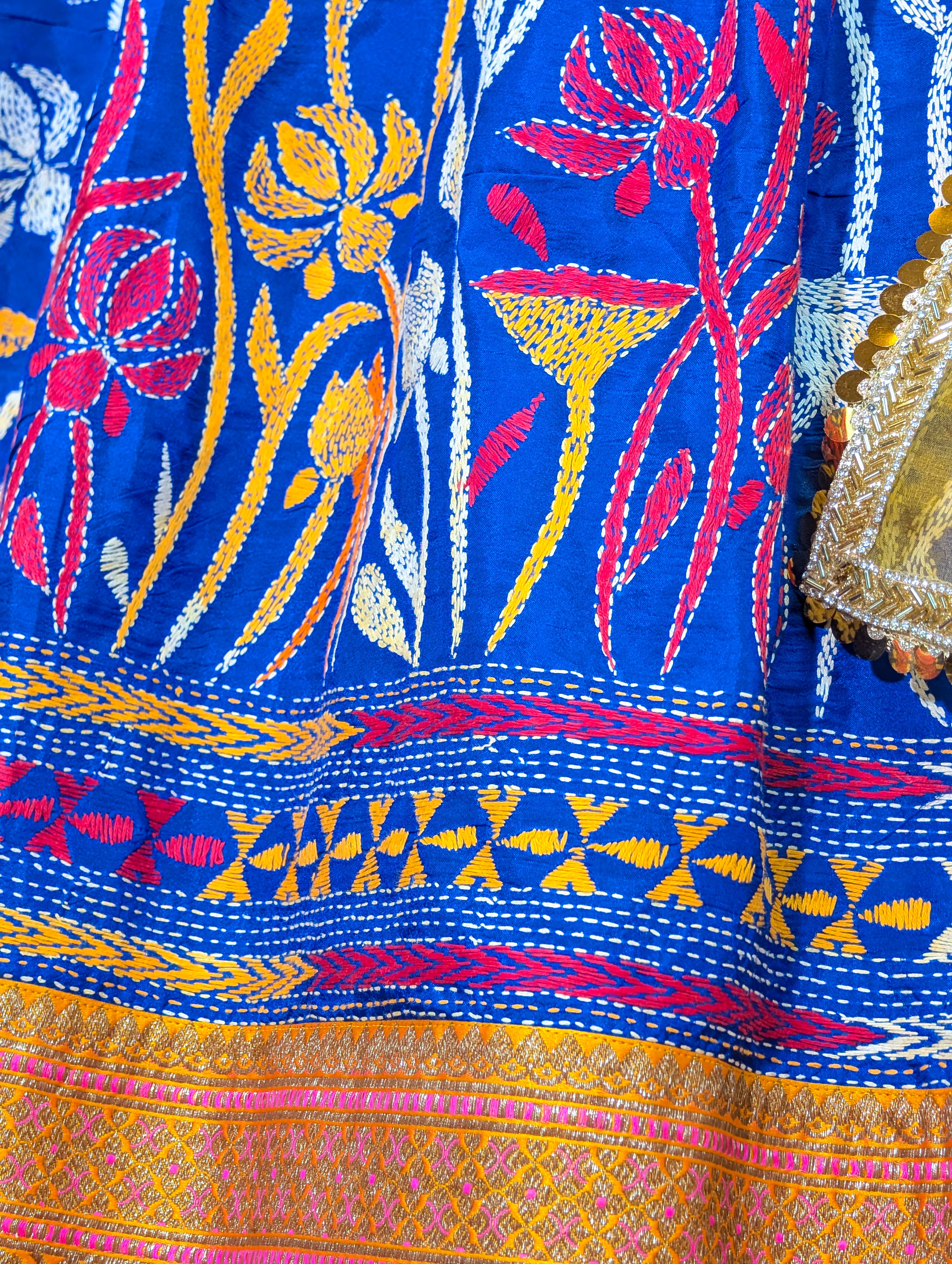 Yellow Bandhani Blouse &amp; Kantha Embroidered Lehenga Set