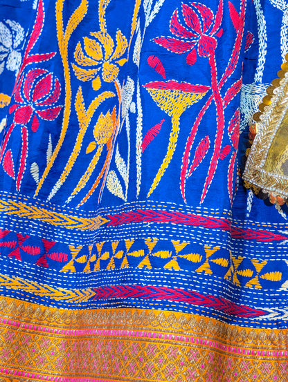 Yellow Bandhani Blouse &amp; Kantha Embroidered Lehenga Set