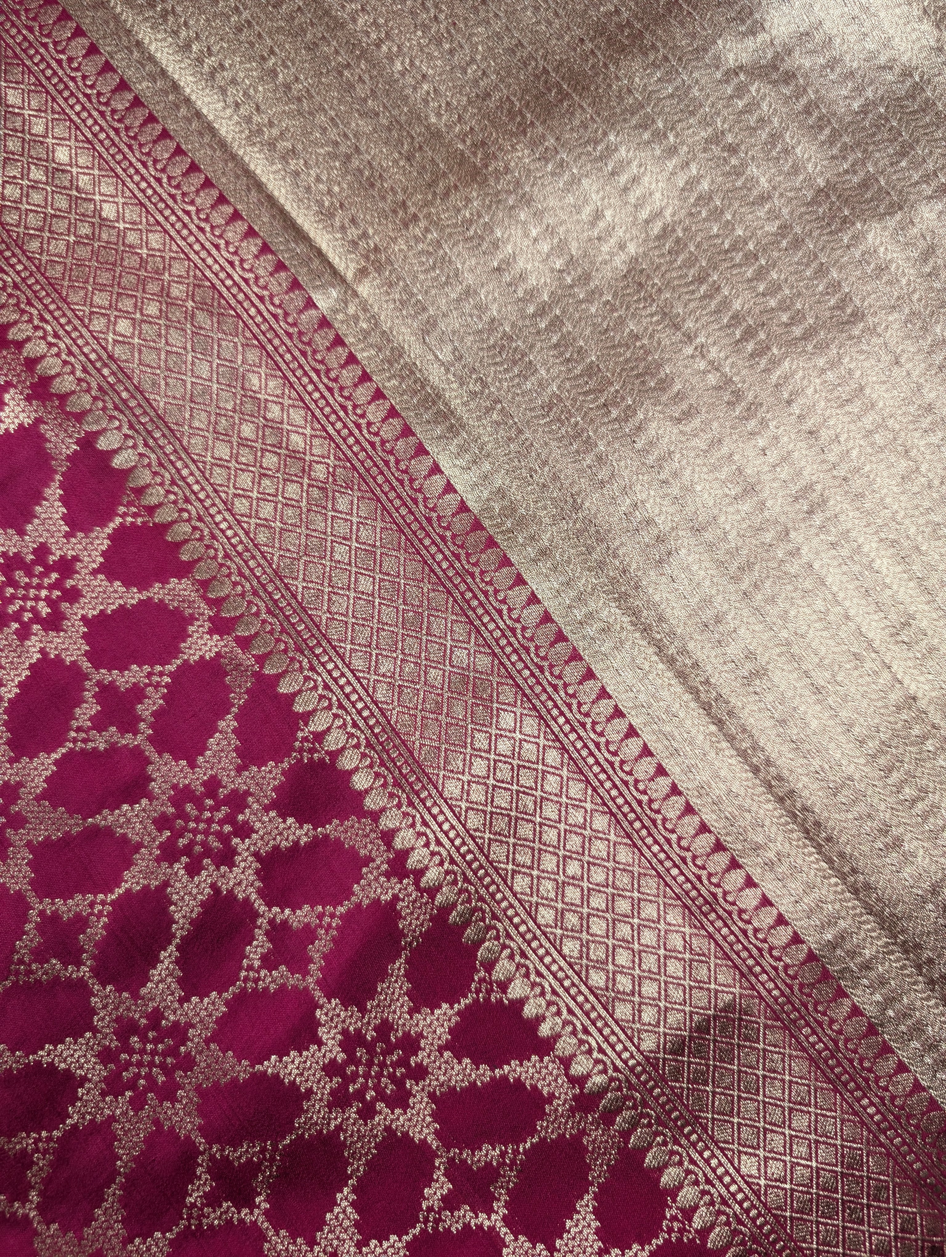 Banarasi Moonga Silk - Rani Pink (floral lattice)