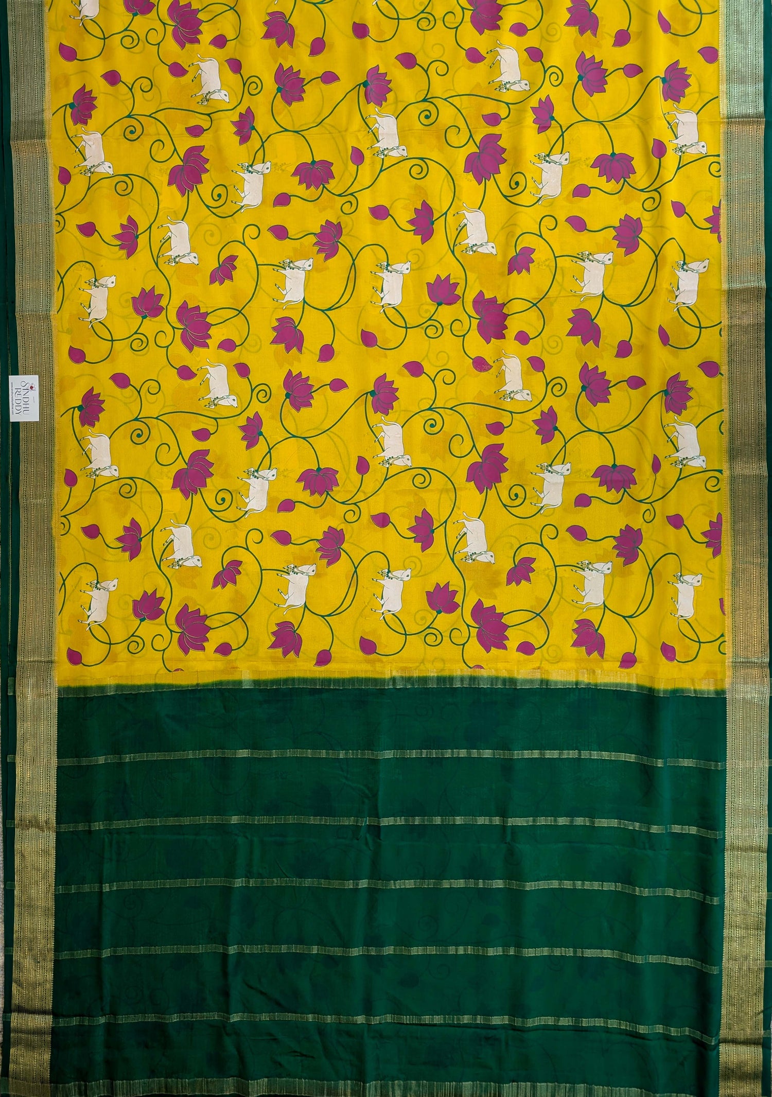 Pure Mysore Silk Crepe - Lemon Yellow with Bottle Green