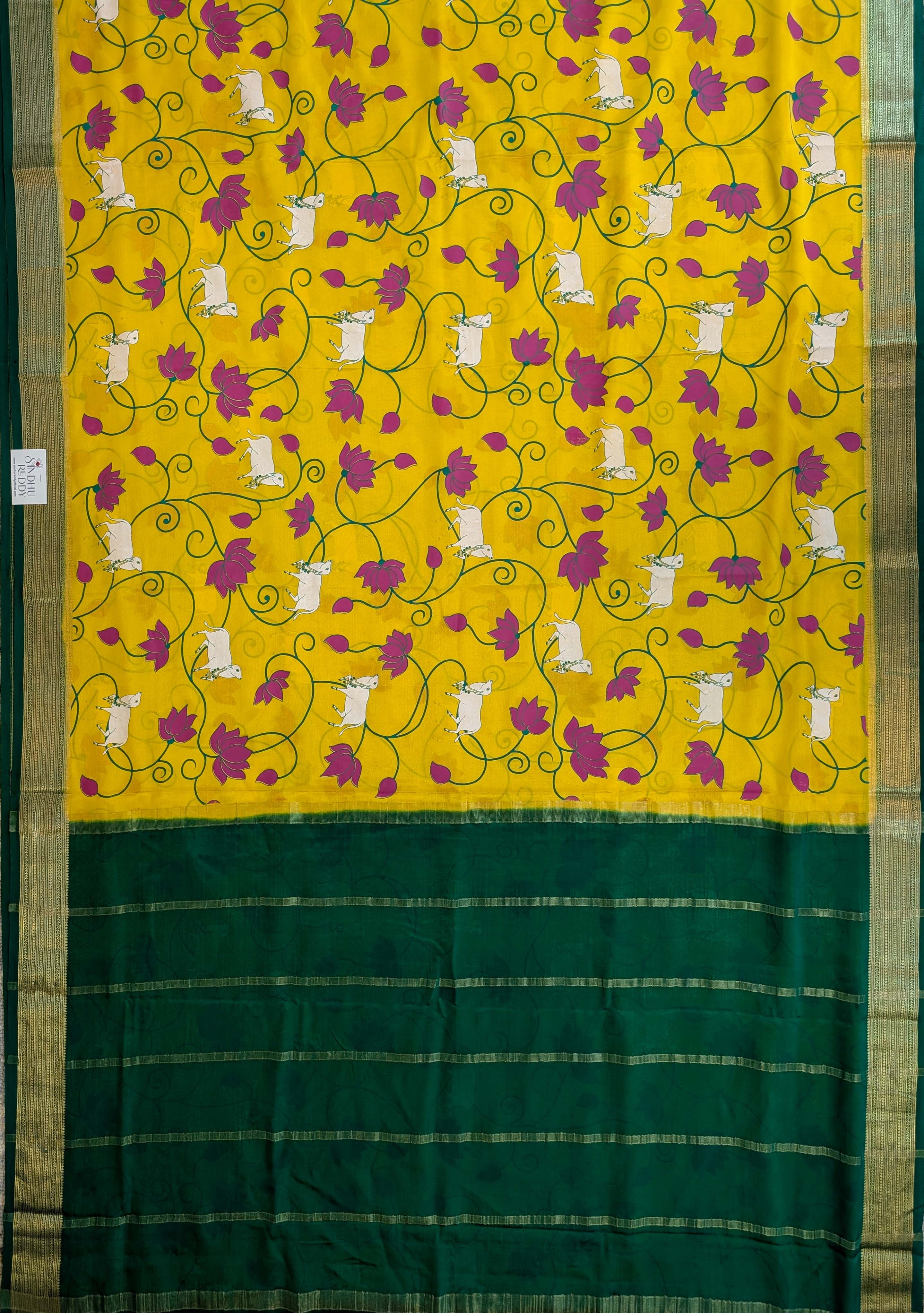 Pure Mysore Silk Crepe - Lemon Yellow with Bottle Green