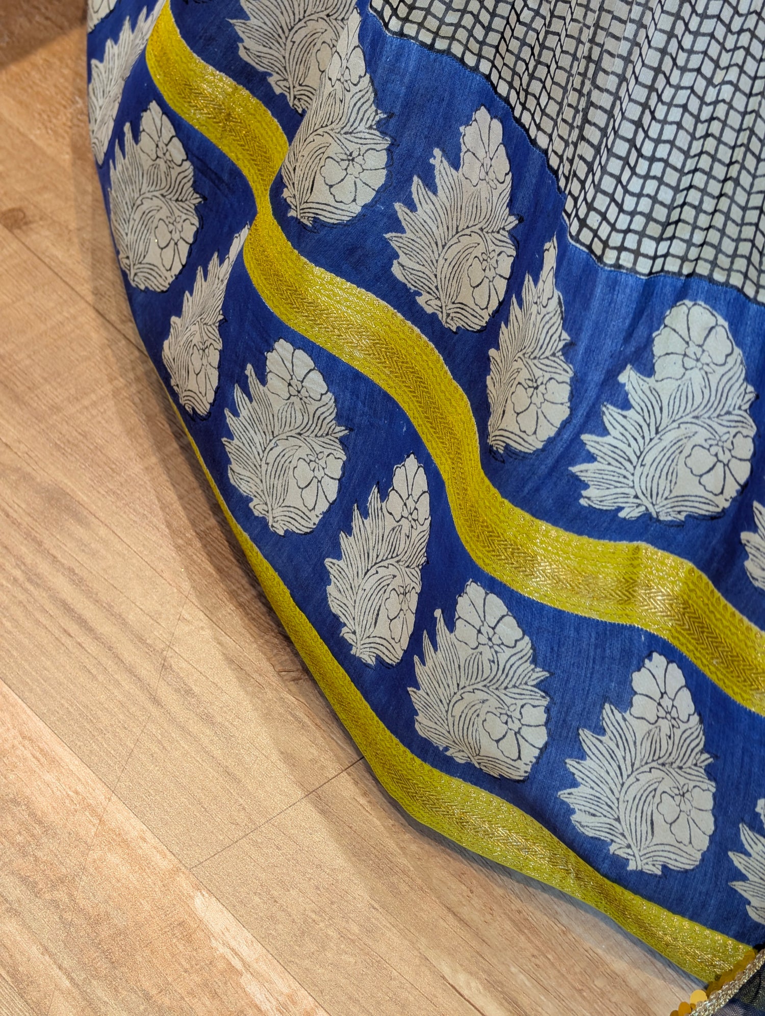 Beige Checked Lehanga Set with Blue Floral Motif Border