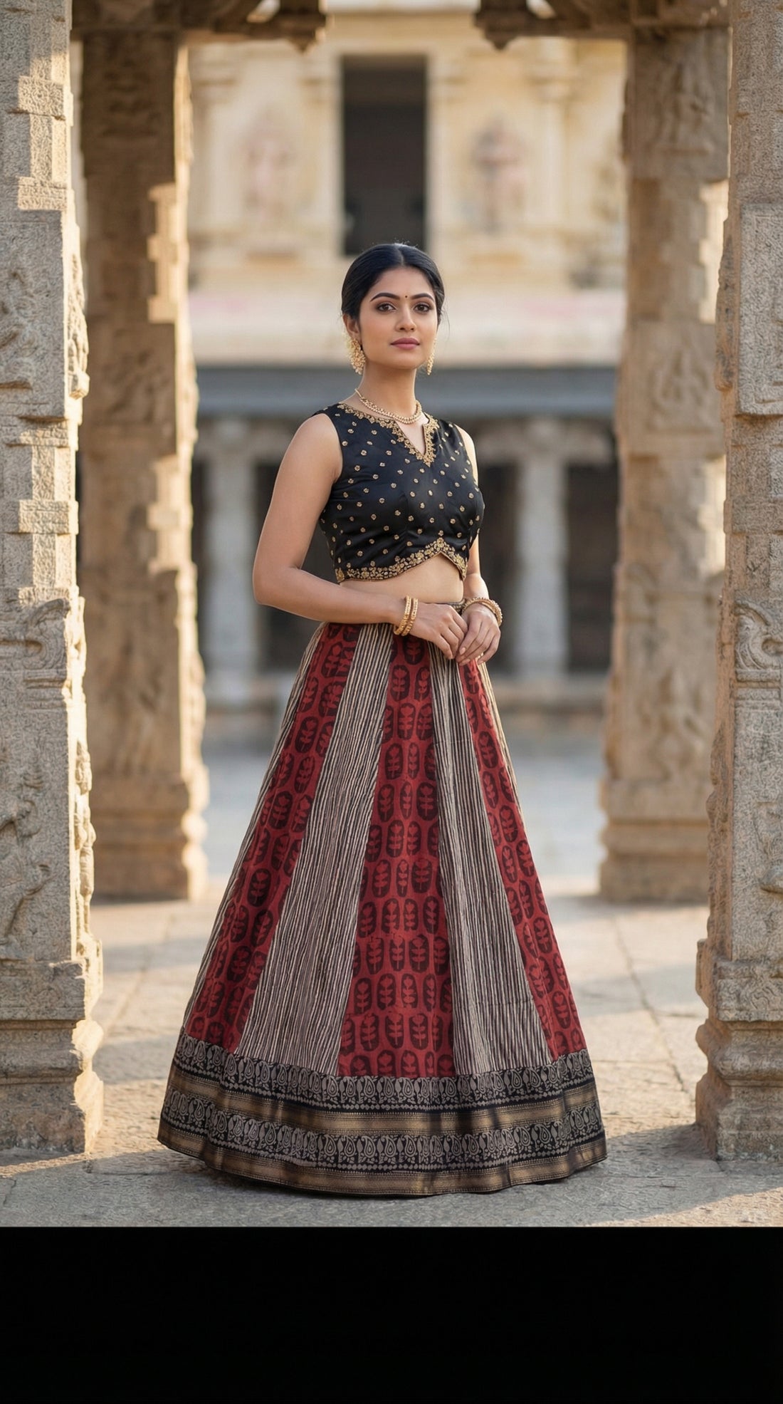 Black &amp; Maroon Printed Lehenga Set with Embroidered Blouse
