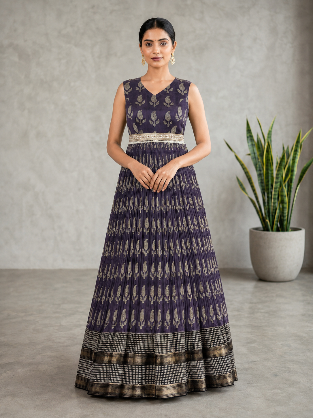 Aubergine Block Print Anarkali