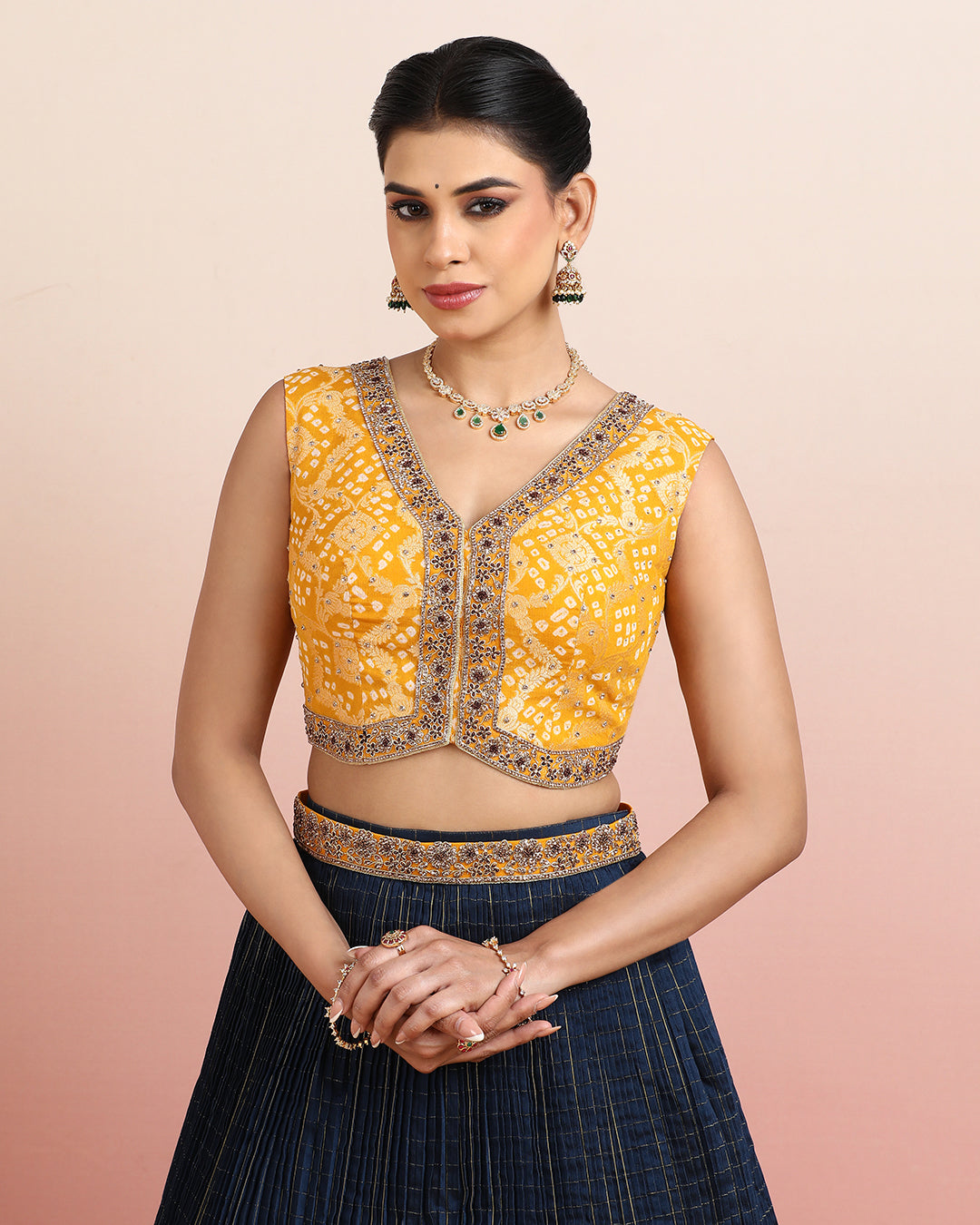 Navy Blue Floral Skirt with Mustard Bandhej Crop Top