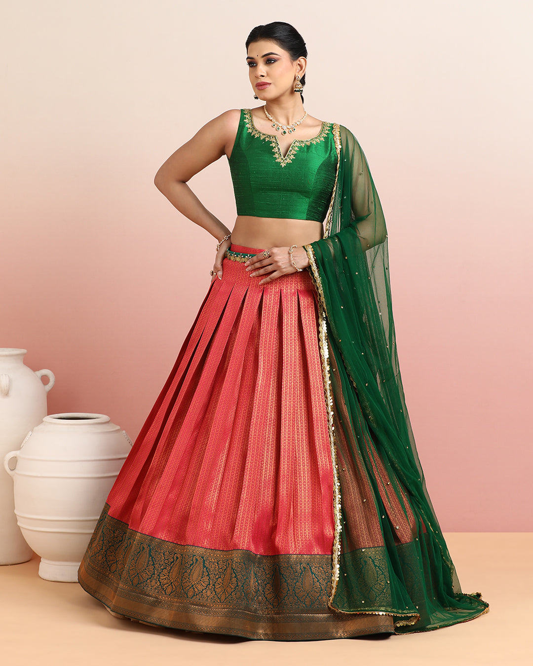 Peach Pleated Skirt with Bottle Green Crop Top &amp; Dupatta